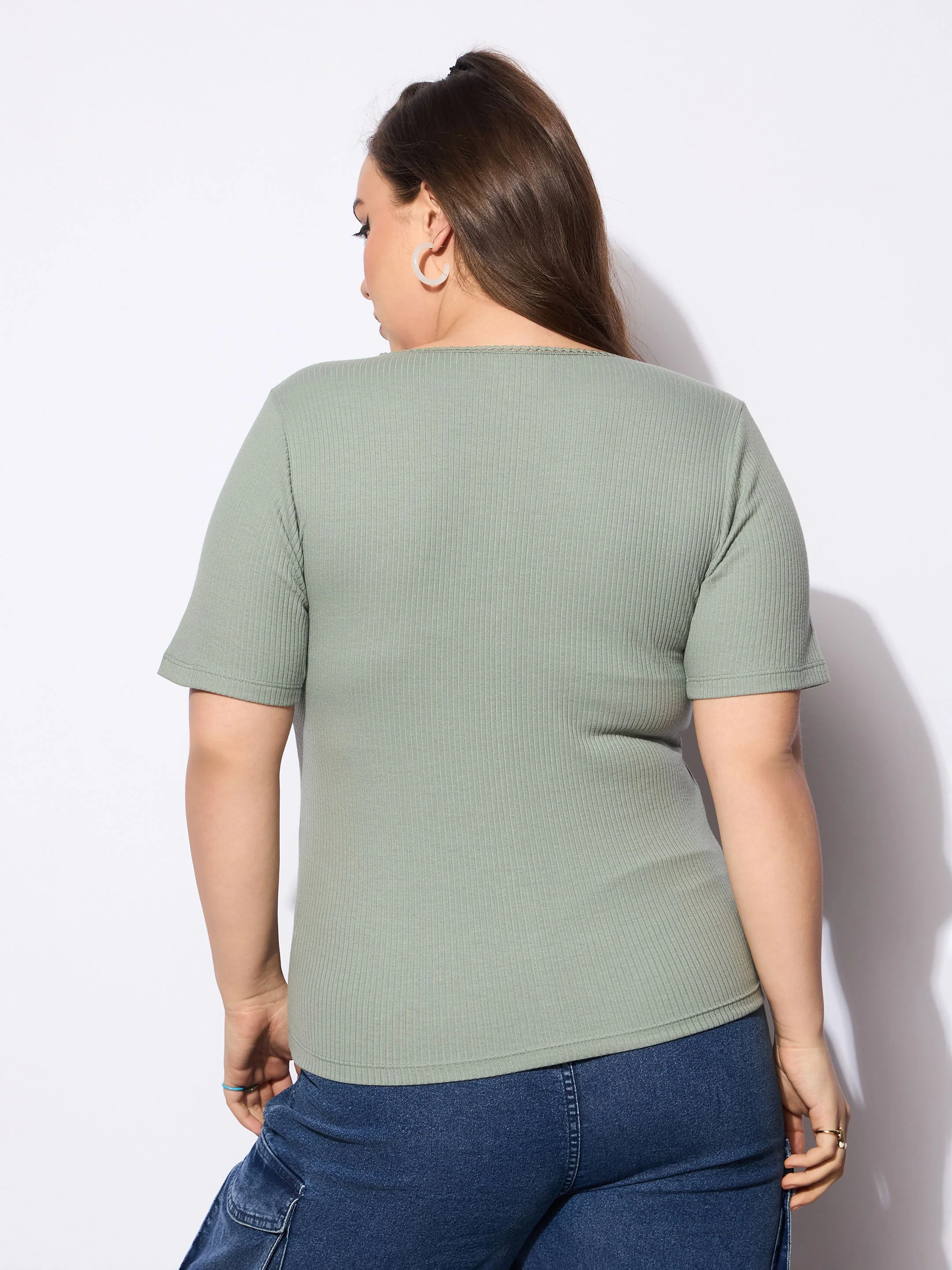 Women Green Rib Front Button Lace Detail Top - Image 5