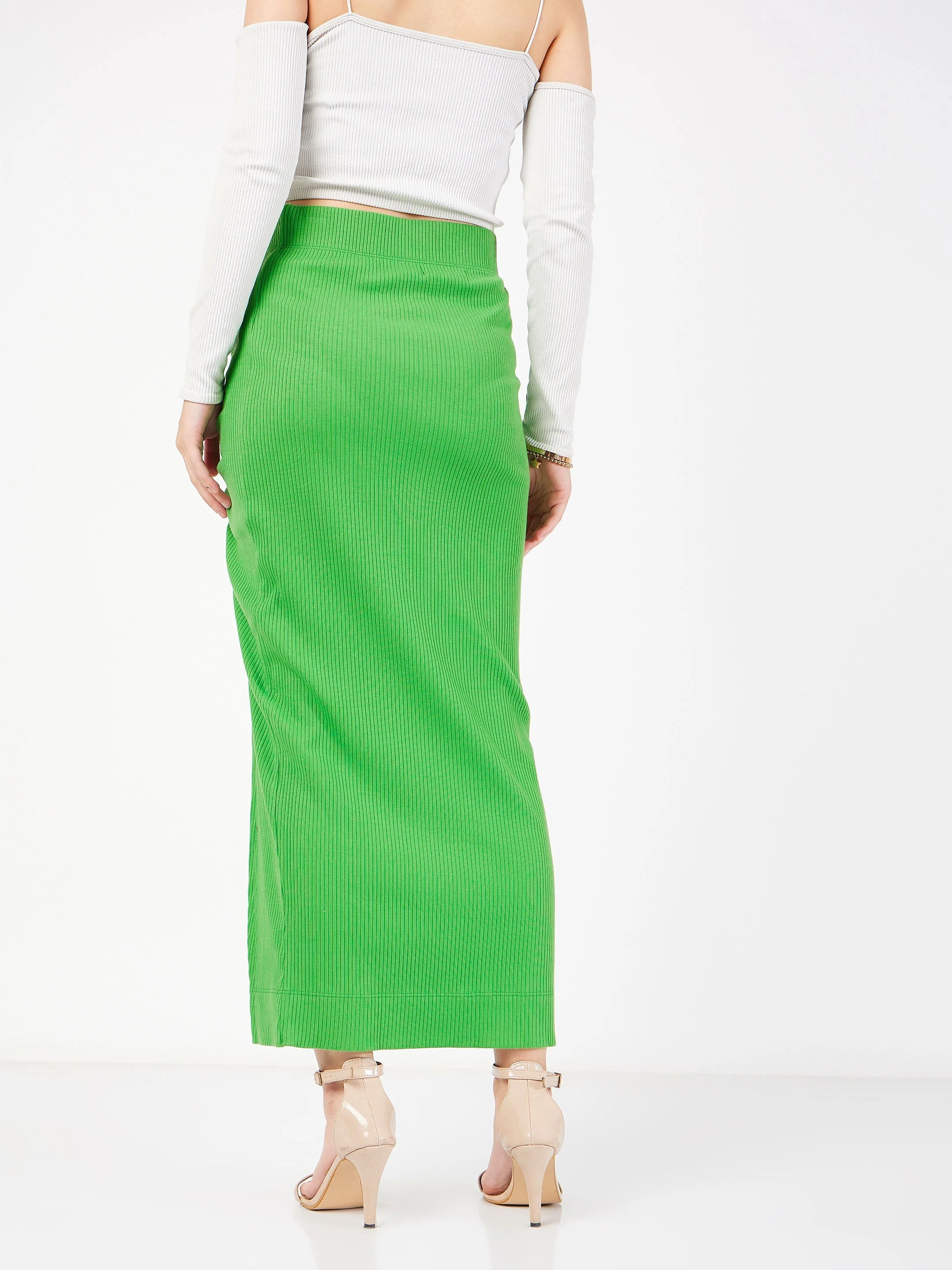 Women Green Rib Front Ruched Midi Skirt - Image 5