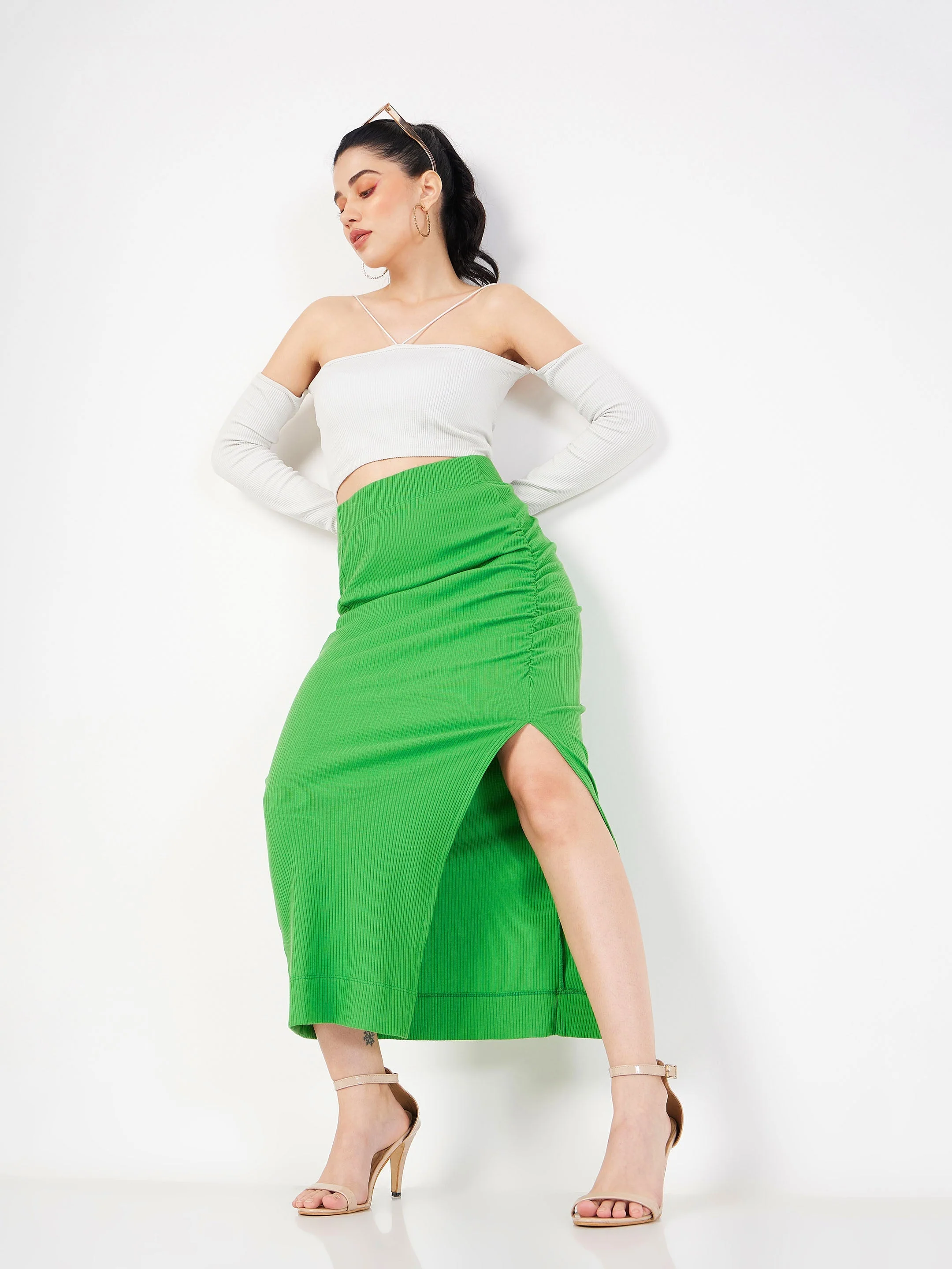 Women Green Rib Front Ruched Midi Skirt - Image 6