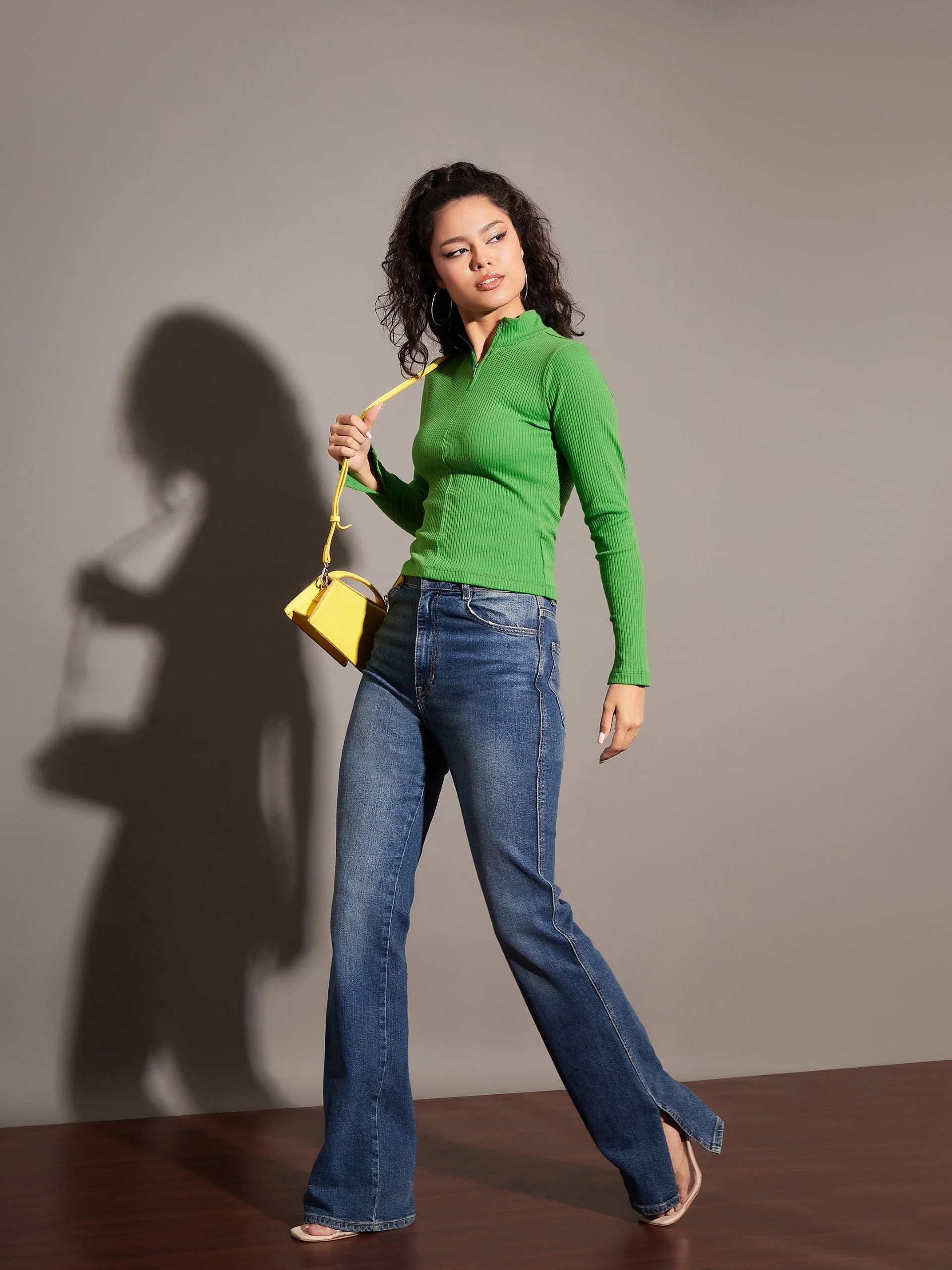 Women Green Rib High Neck Front Zipper Top - Image 2