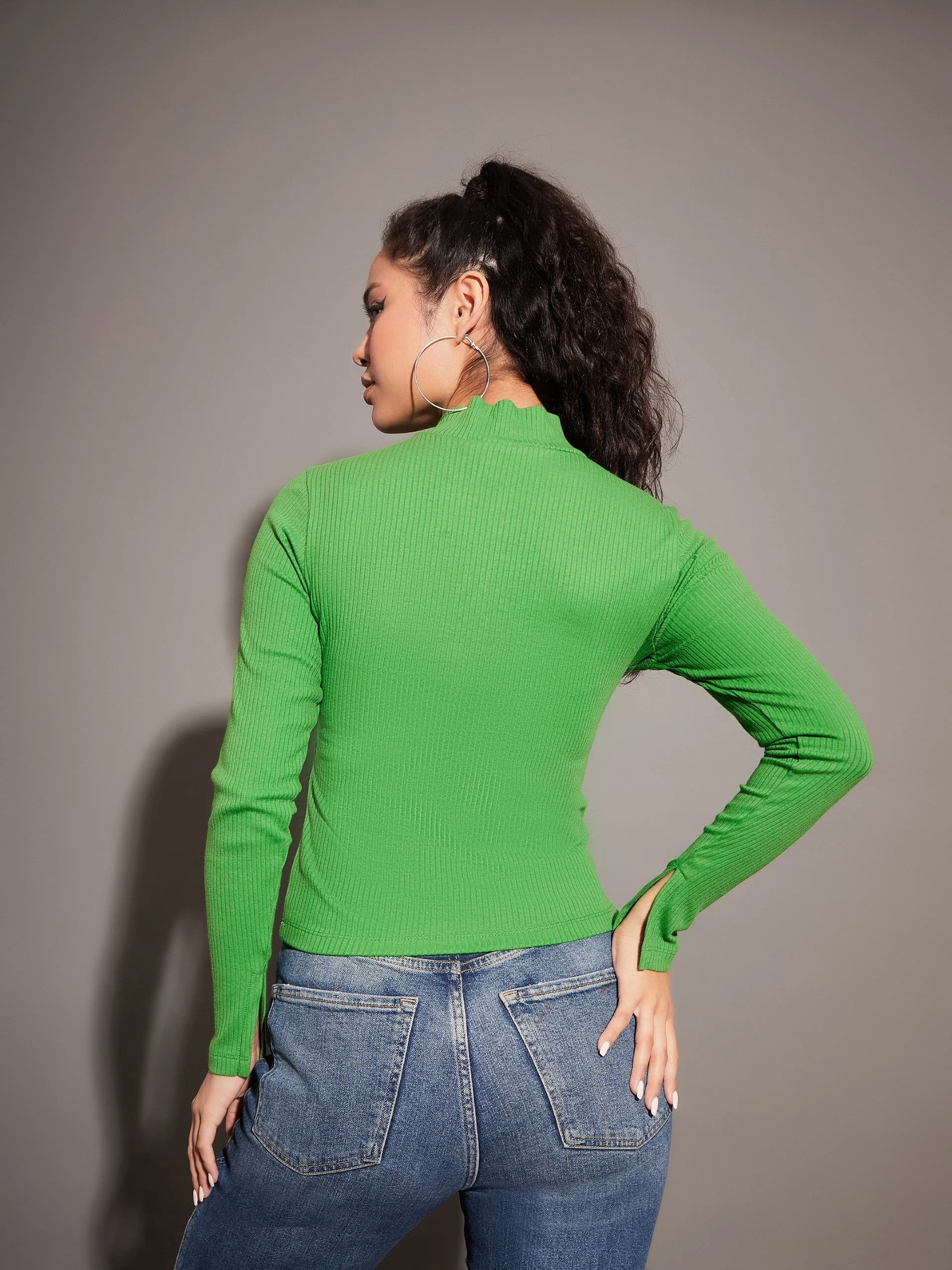 Women Green Rib High Neck Front Zipper Top - Image 3