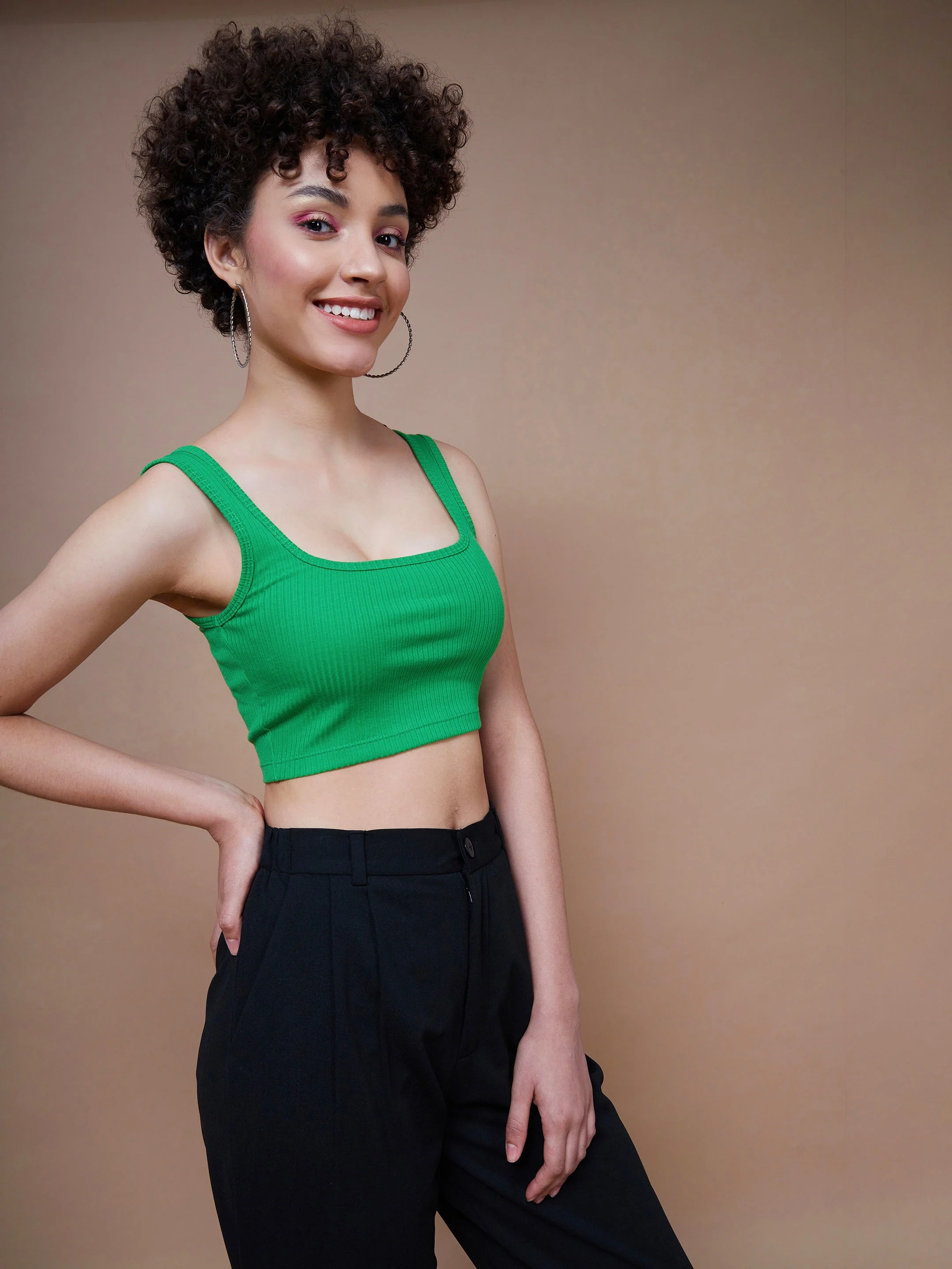 Women Green Rib Square Neck Cropped Tank Top - Image 2