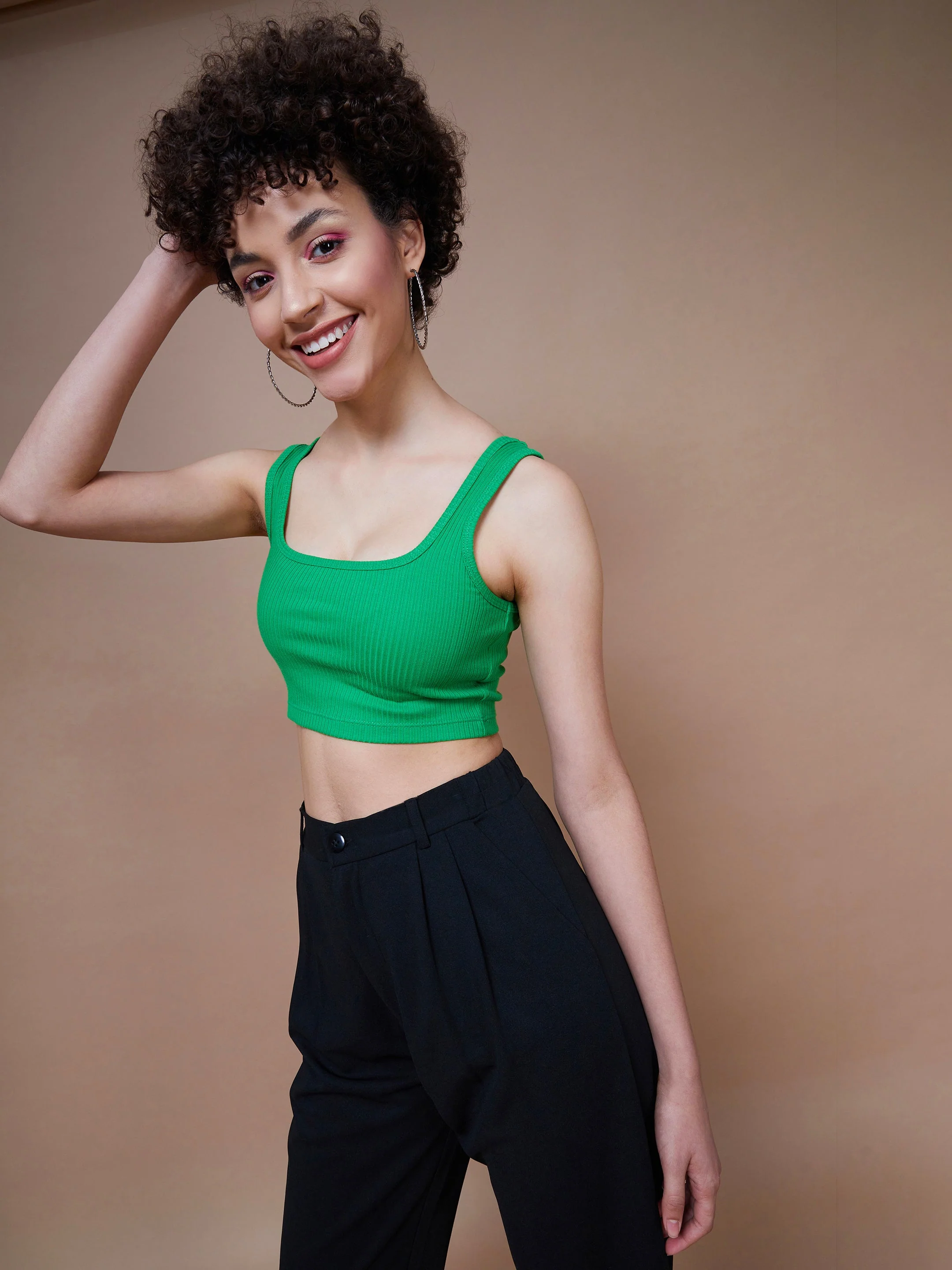 Women Green Rib Square Neck Cropped Tank Top - Image 3