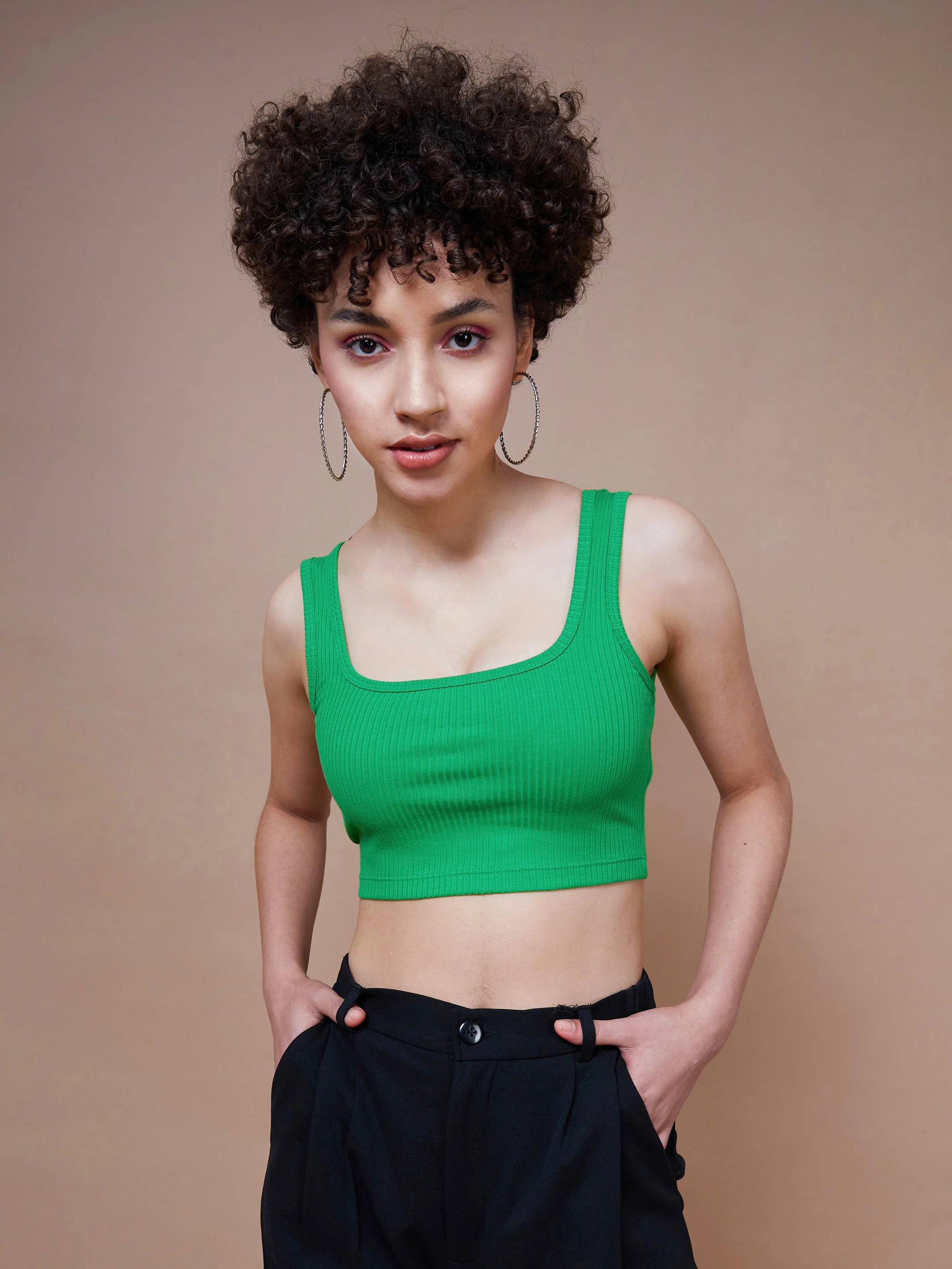Women Green Rib Square Neck Cropped Tank Top - Image 4