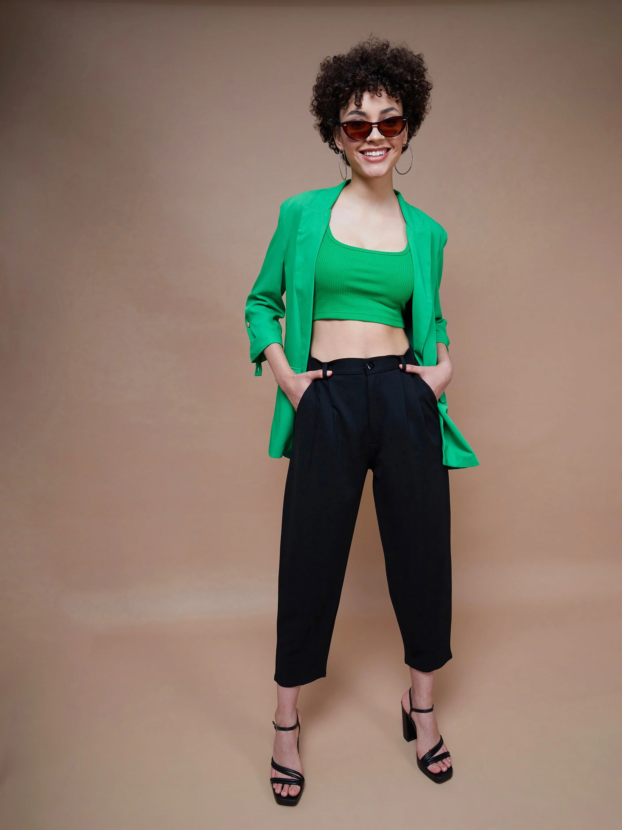 Women Green Rib Square Neck Cropped Tank Top - Image 6