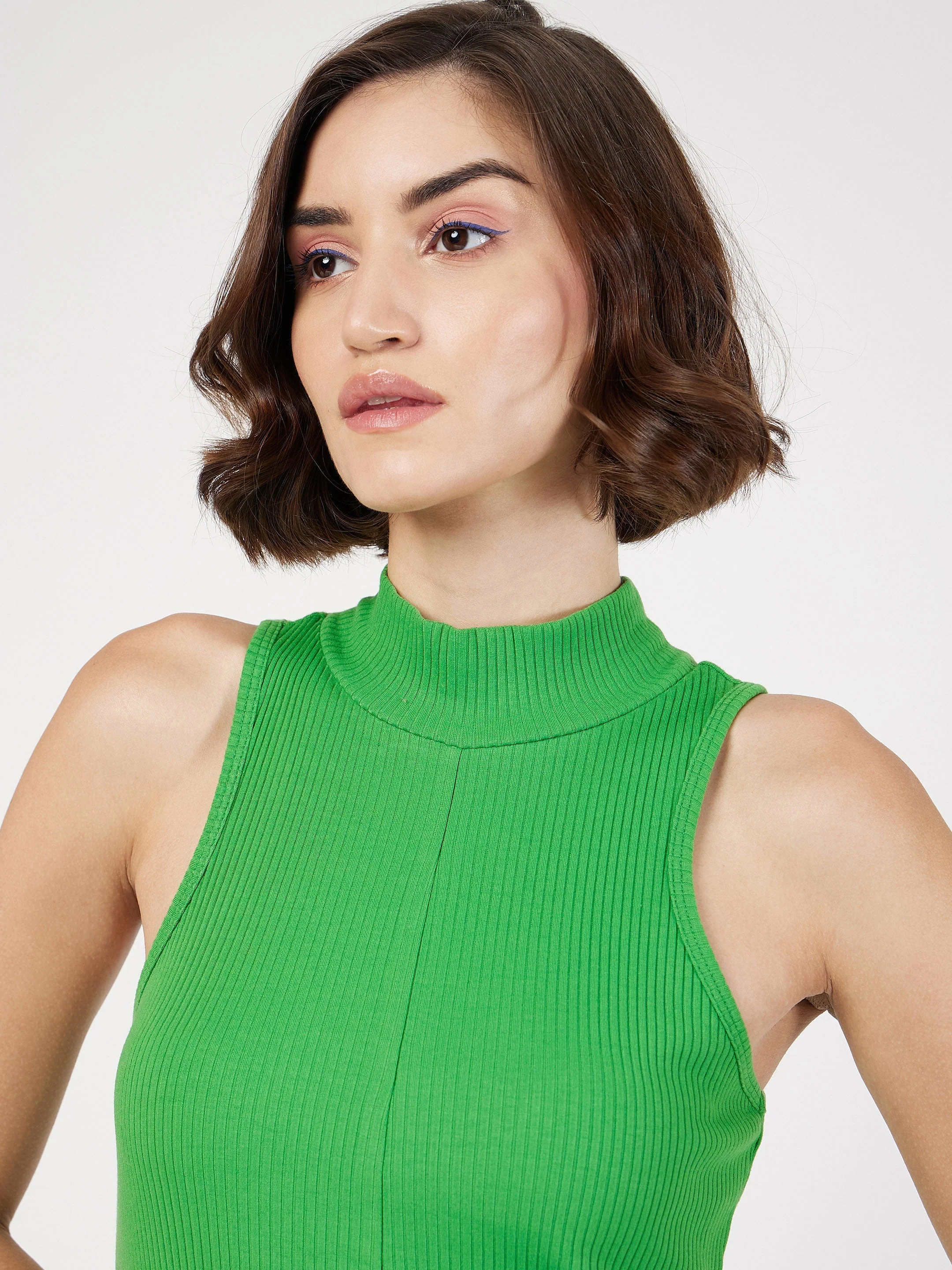 Women Green Rib Turtle Neck Sleeveless Midi Dress - Image 3