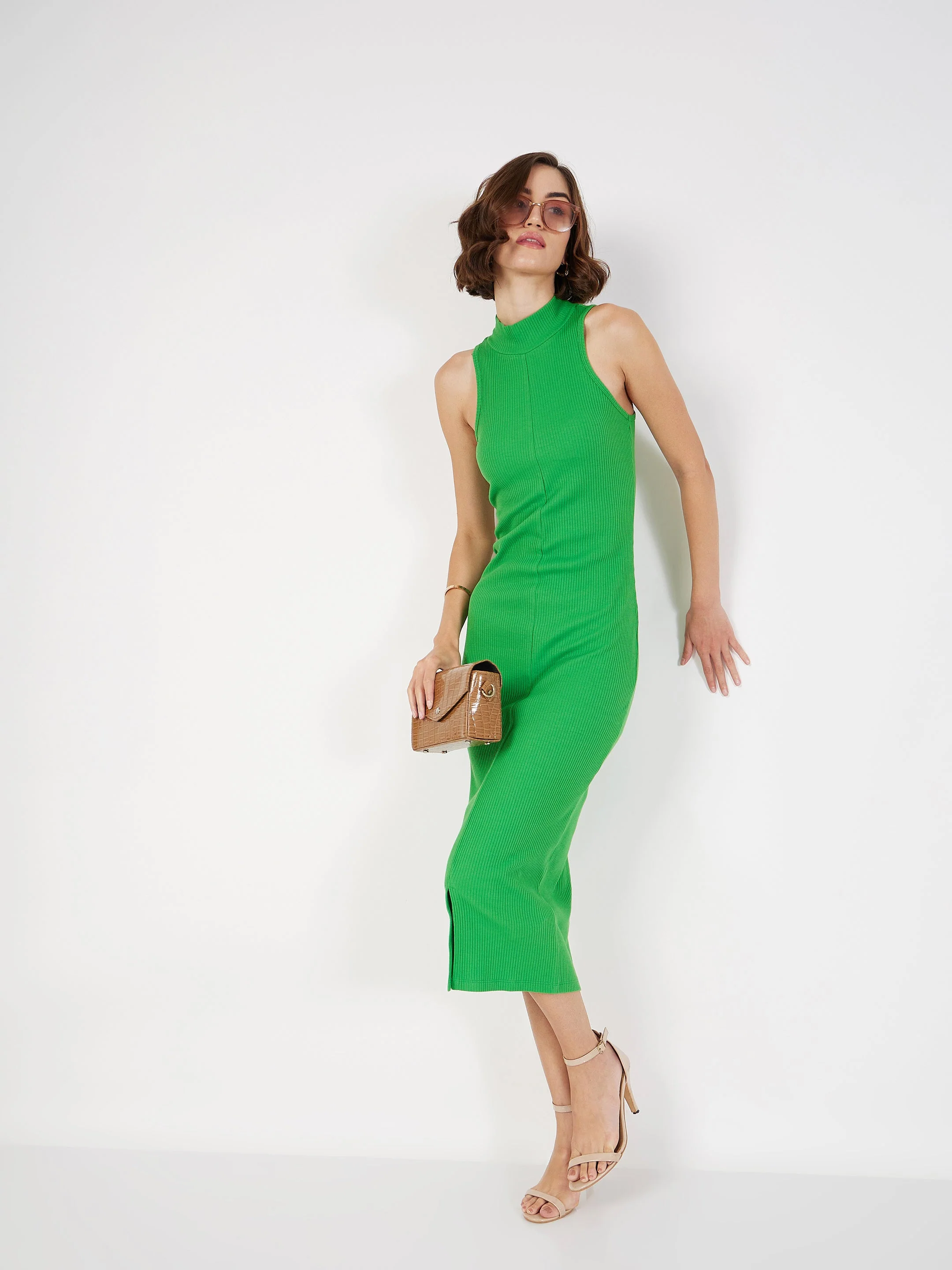 Women Green Rib Turtle Neck Sleeveless Midi Dress - Image 5