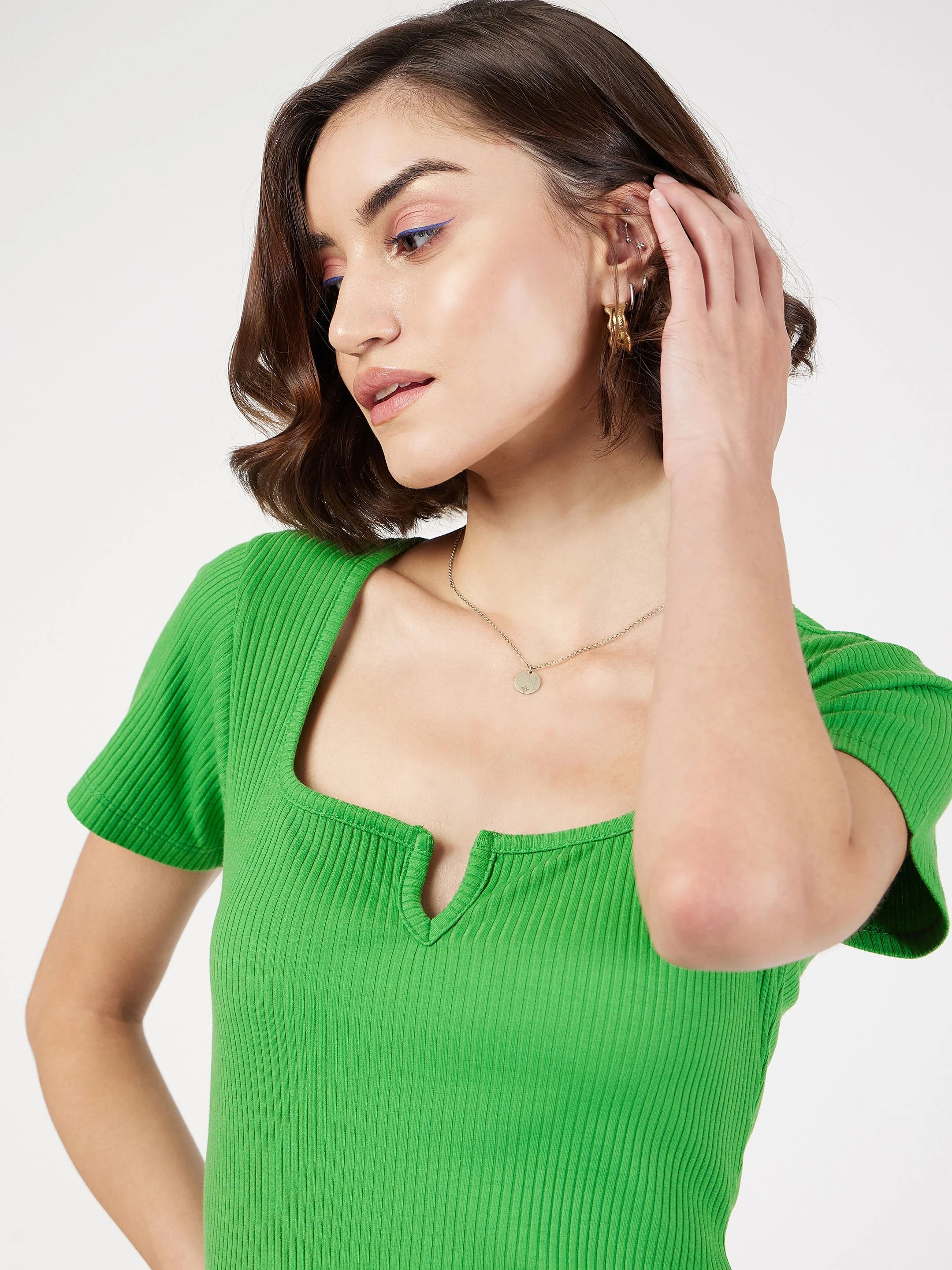 Women Green Rib V-Neck Midi Dress - Image 4