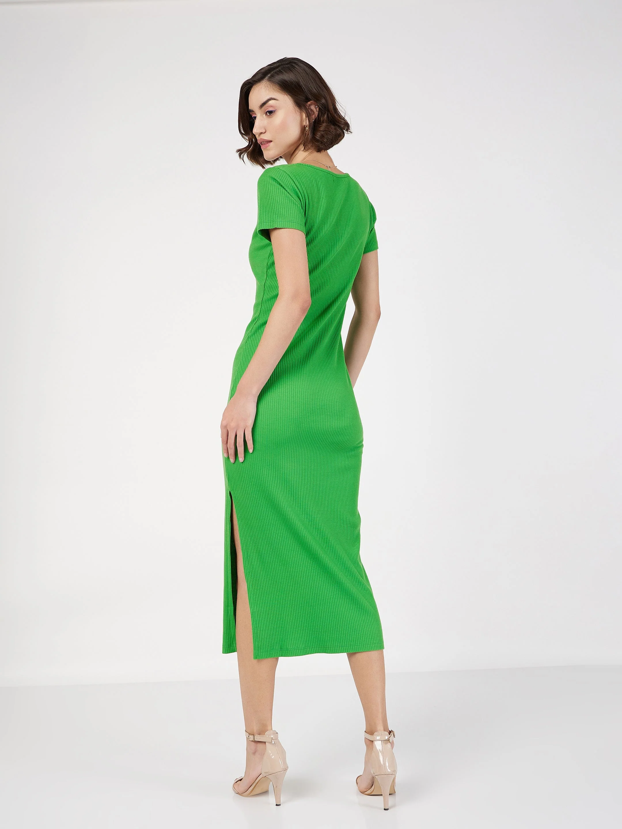 Women Green Rib V-Neck Midi Dress - Image 5