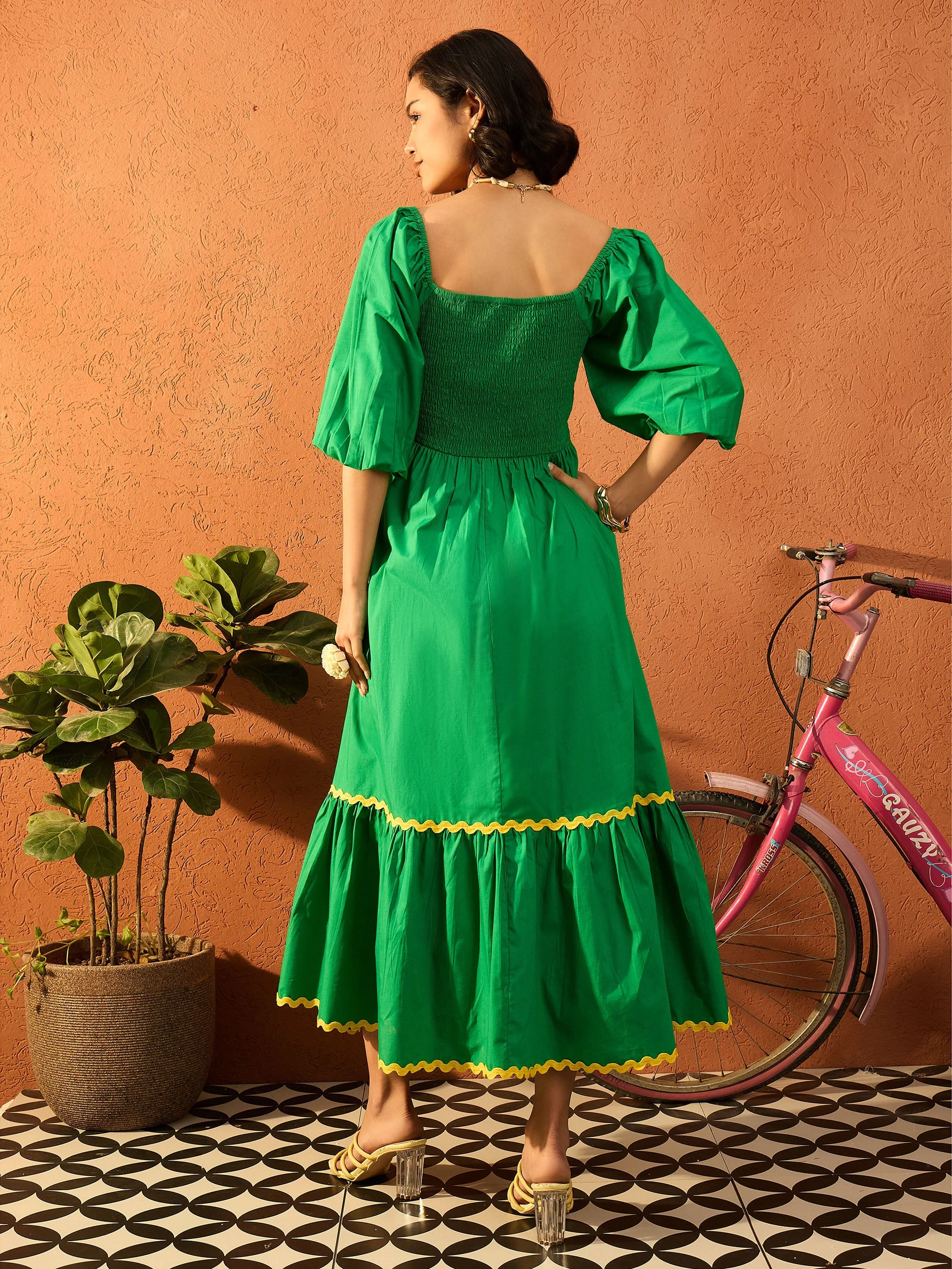 Women Green Ric Rac Lace Square Neck Maxi Dress - Image 2