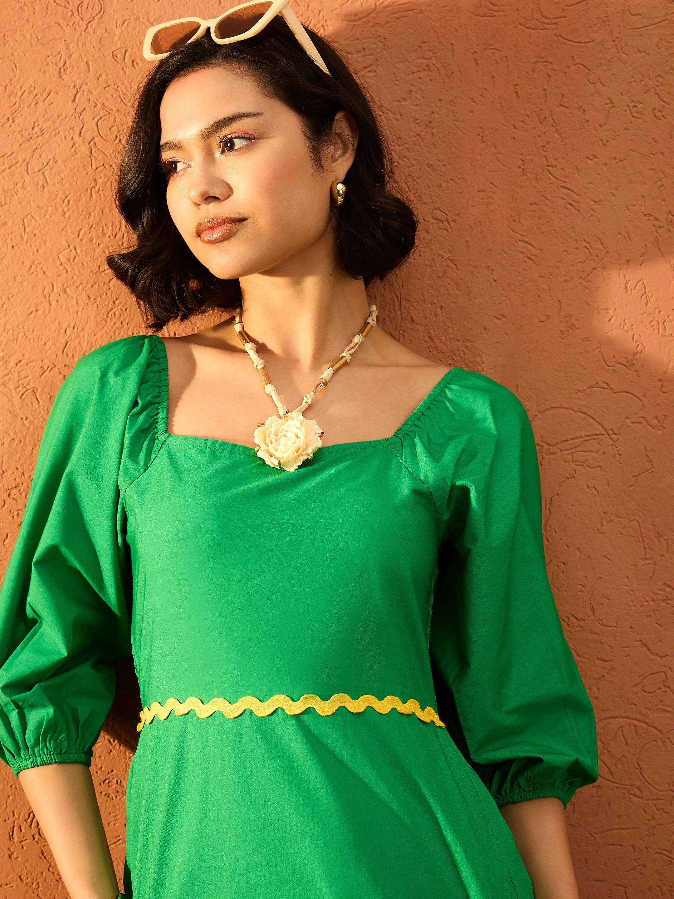 Women Green Ric Rac Lace Square Neck Maxi Dress - Image 3