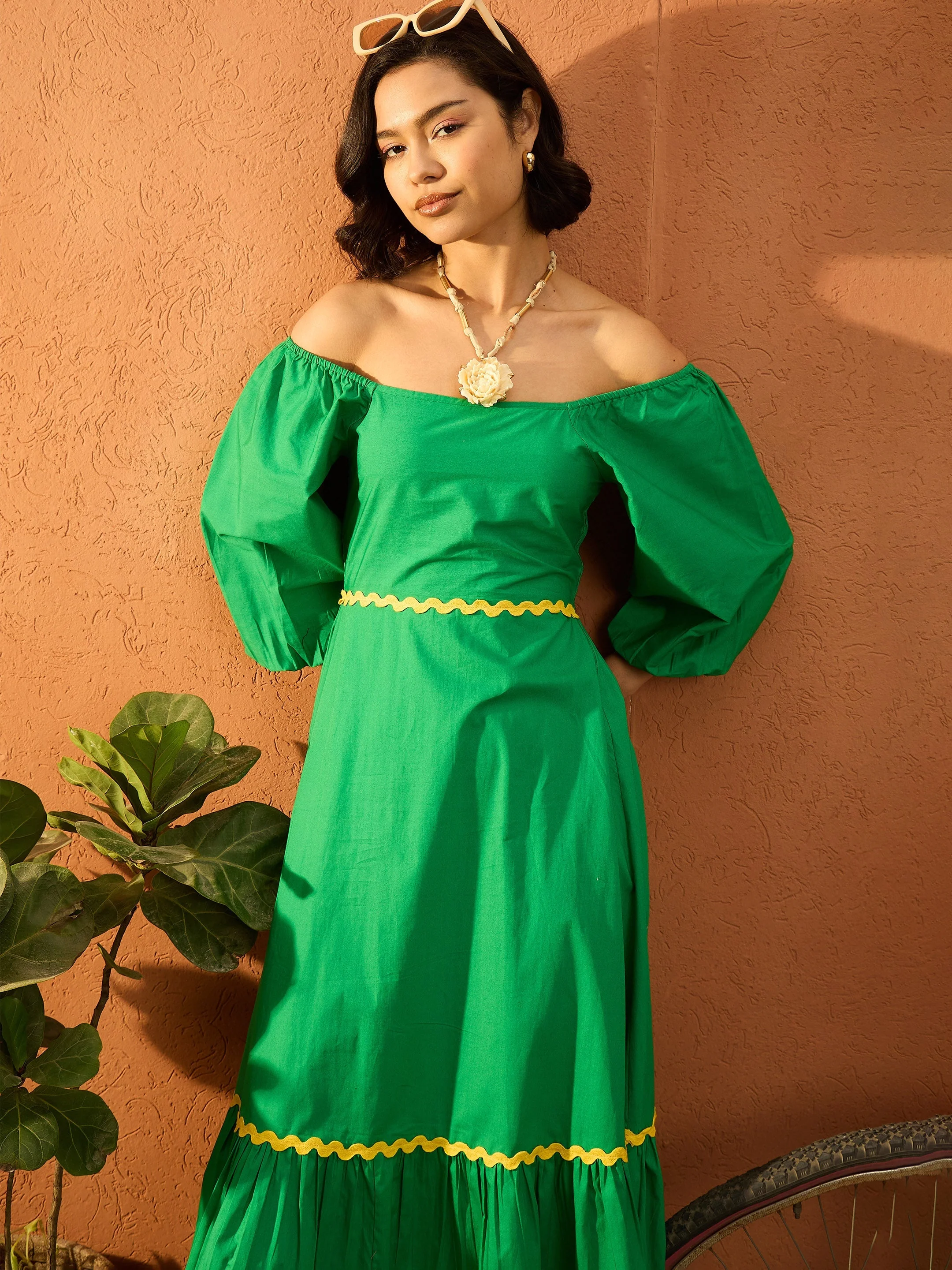 Women Green Ric Rac Lace Square Neck Maxi Dress - Image 4