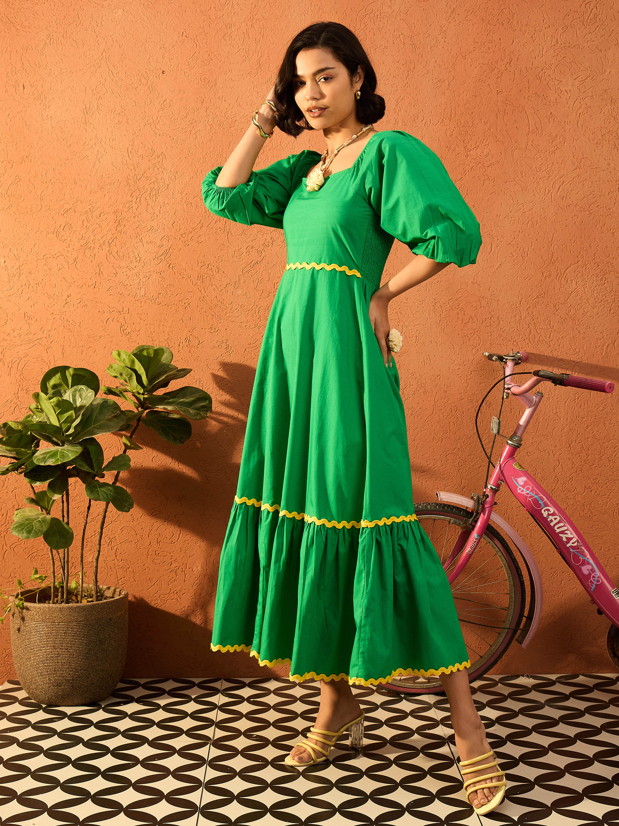 Women Green Ric Rac Lace Square Neck Maxi Dress - Image 5