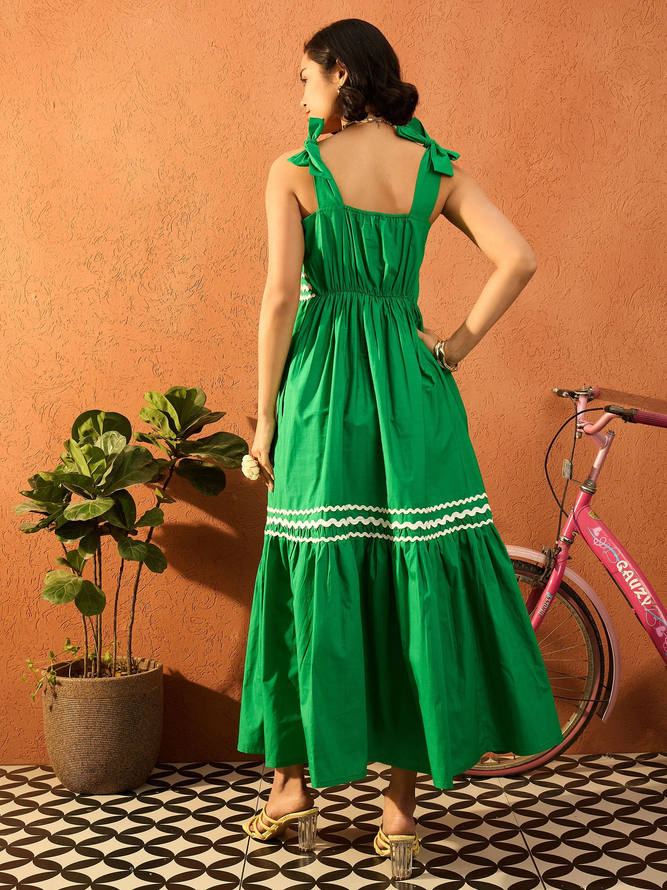 Women Green Ric Rac Lace Strappy Tiered Midi Dress - Image 2