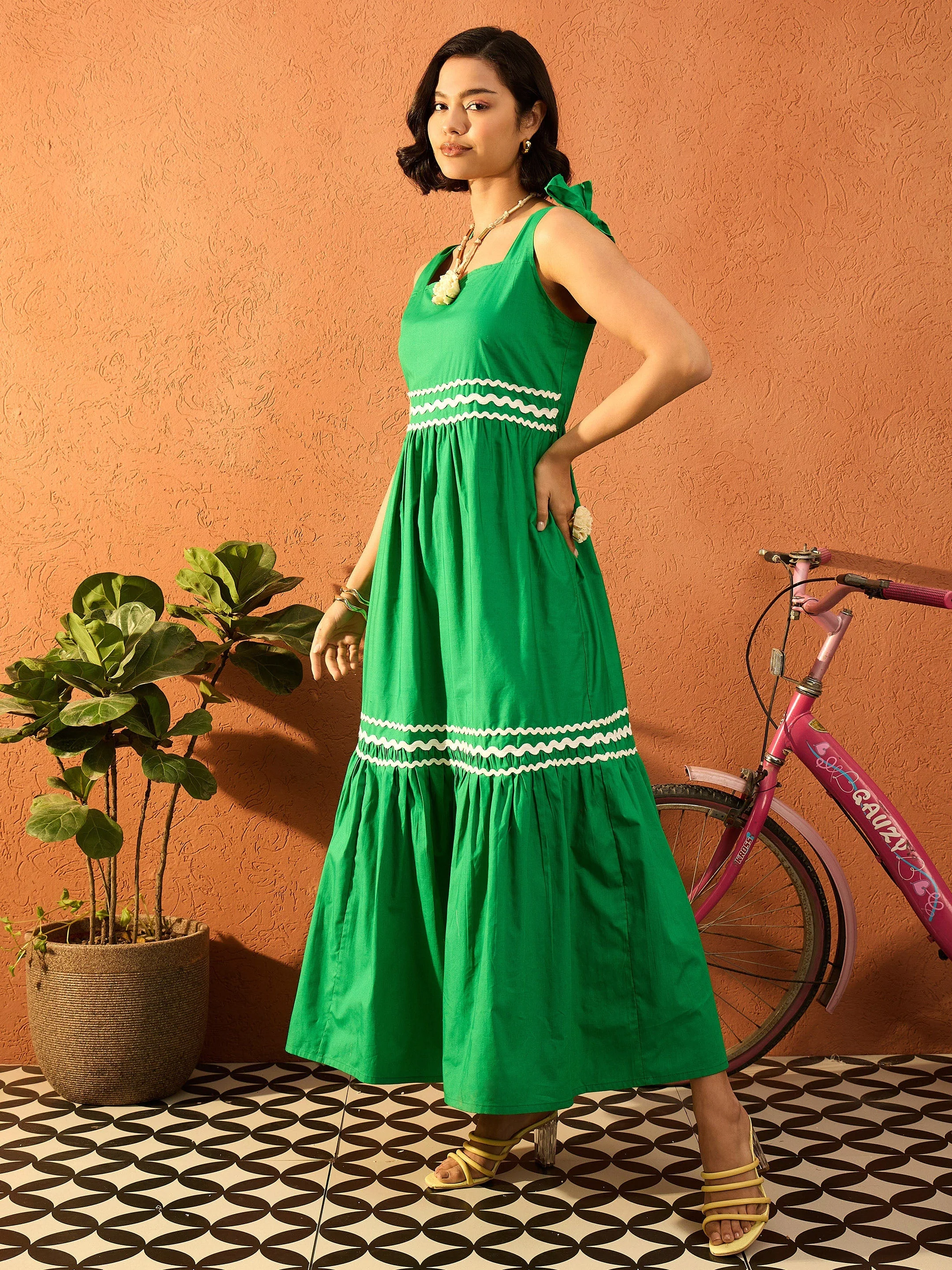 Women Green Ric Rac Lace Strappy Tiered Midi Dress - Image 5