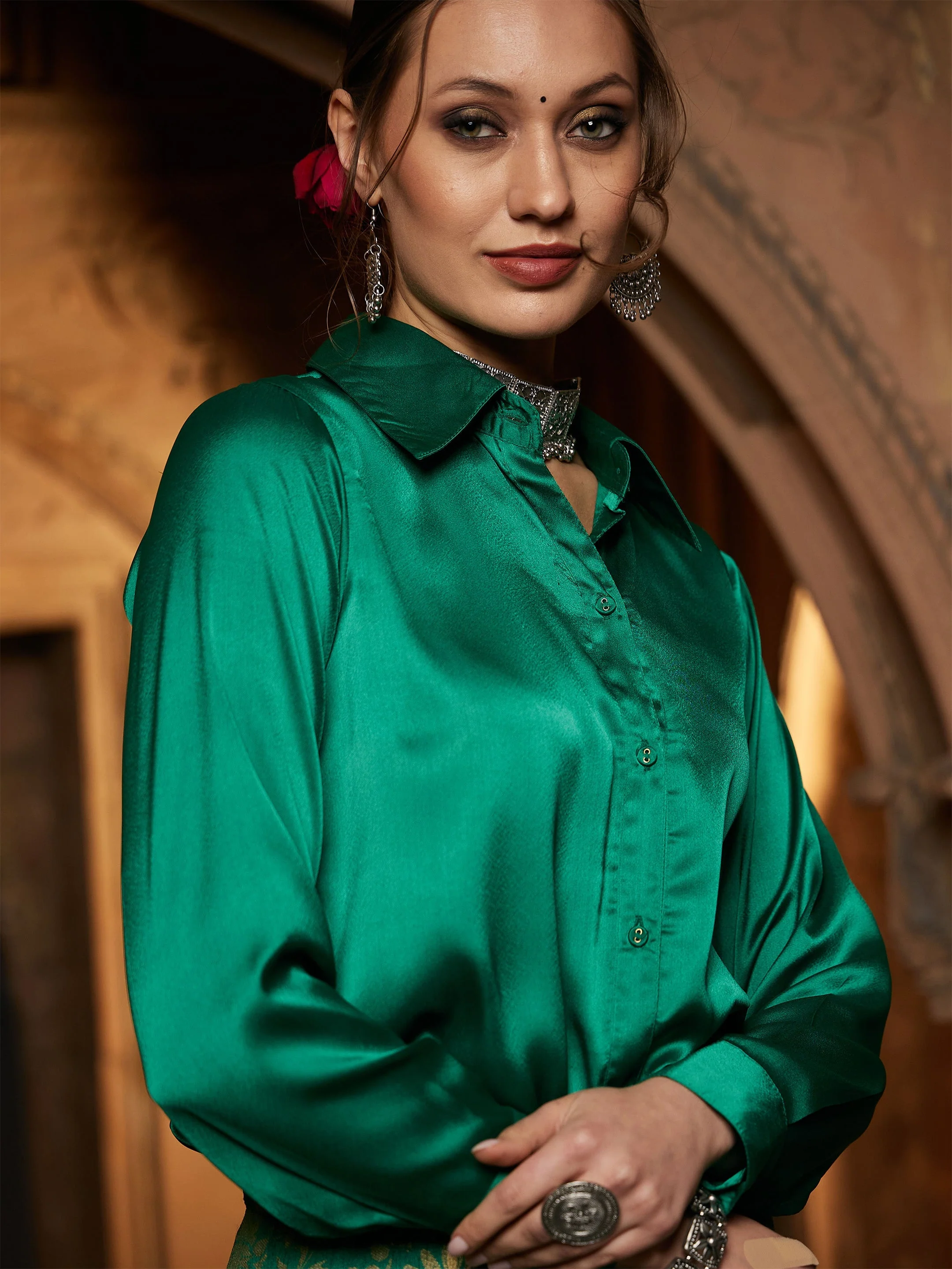 Women Green Satin Regular Shirt - Image 3