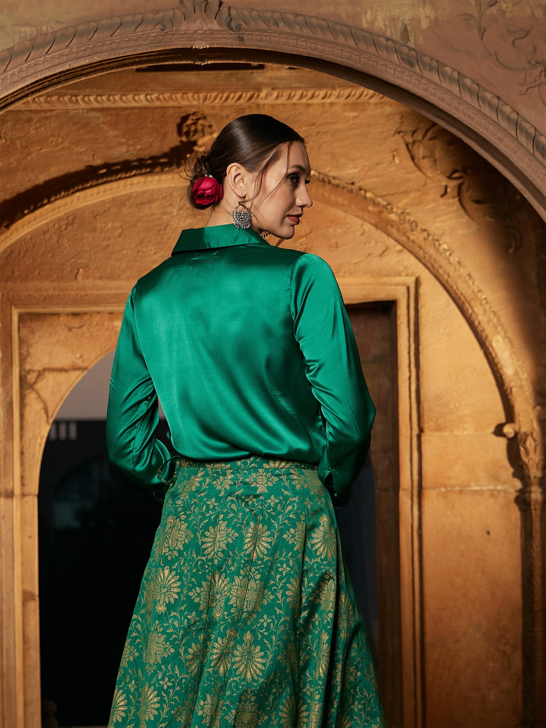 Women Green Satin Regular Shirt - Image 4