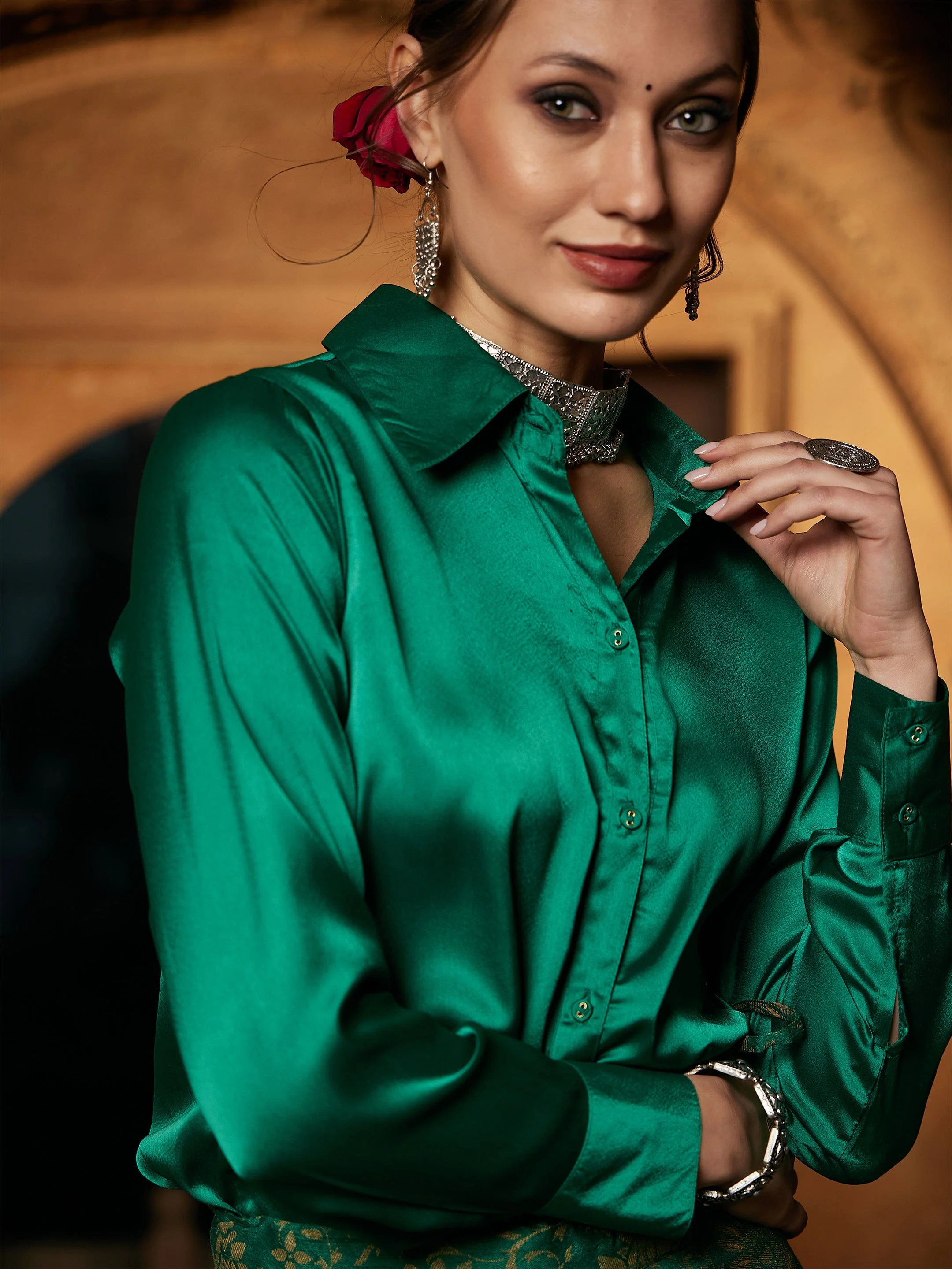 Women Green Satin Regular Shirt - Image 5