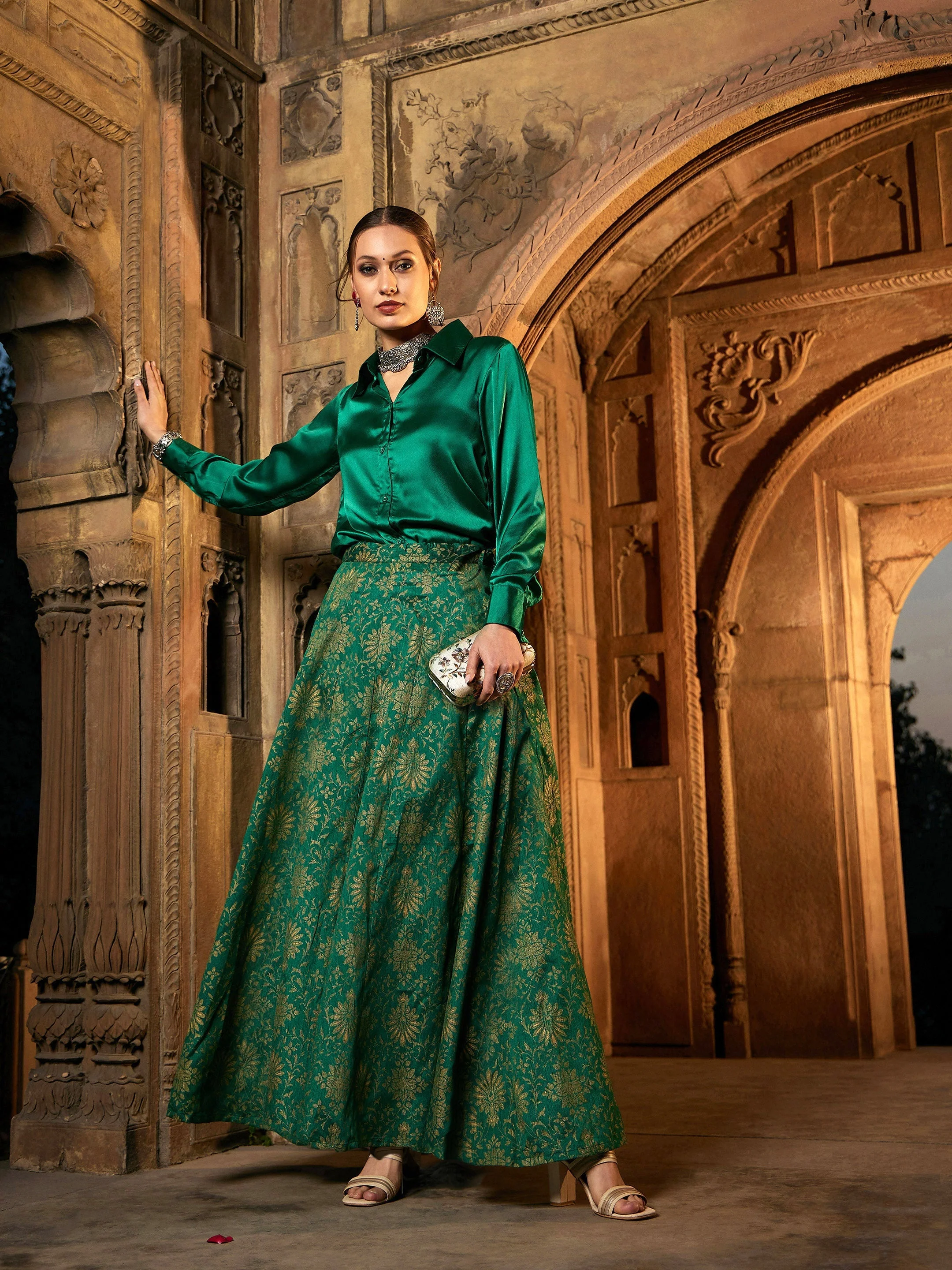 Women Green Satin Regular Shirt - Image 6
