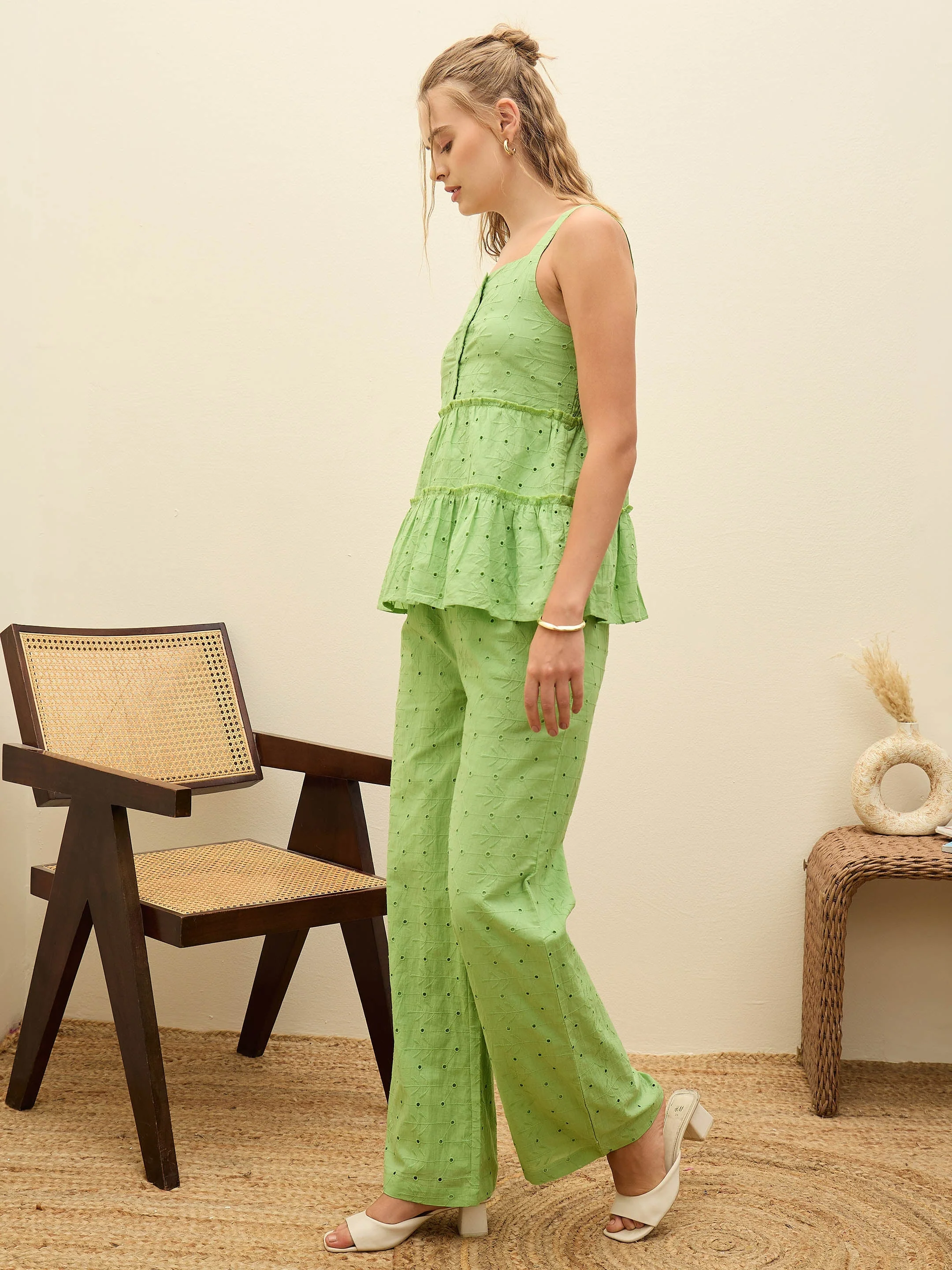 Women Green Schiffli Strappy Top With Pants - Image 3