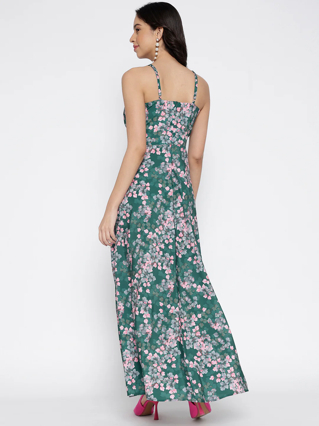 Women Green Silky Crepe Floral Slit Maxi Dress - Image 2