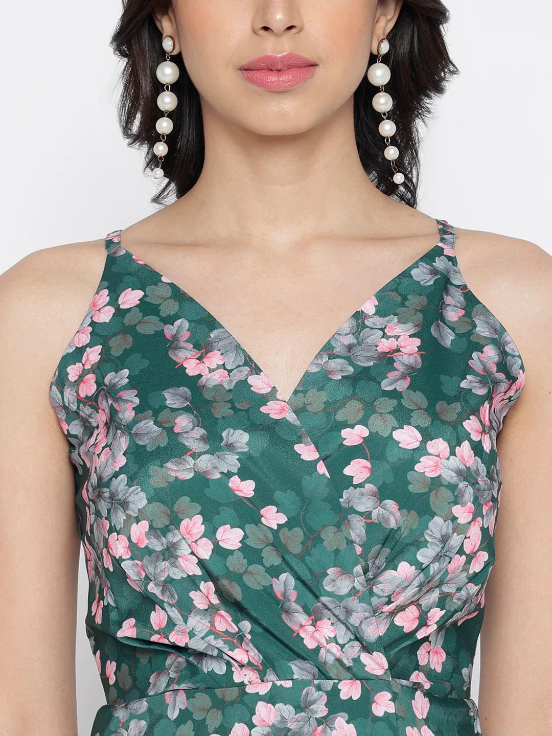 Women Green Silky Crepe Floral Slit Maxi Dress - Image 3