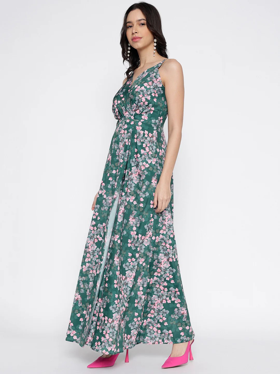 Women Green Silky Crepe Floral Slit Maxi Dress - Image 4