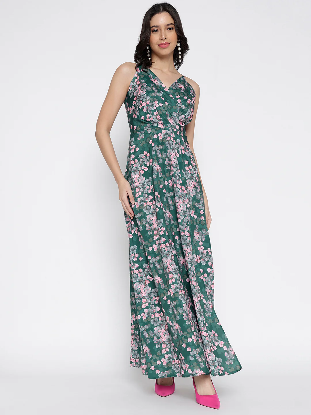 Women Green Silky Crepe Floral Slit Maxi Dress - Image 5