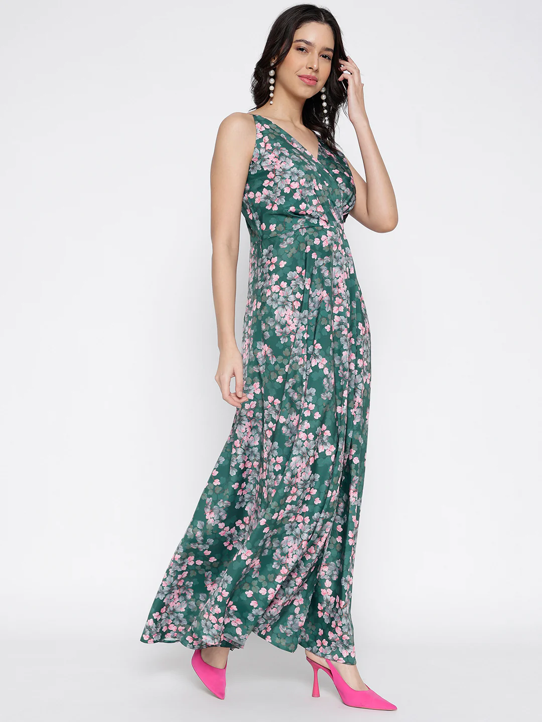 Women Green Silky Crepe Floral Slit Maxi Dress - Image 6