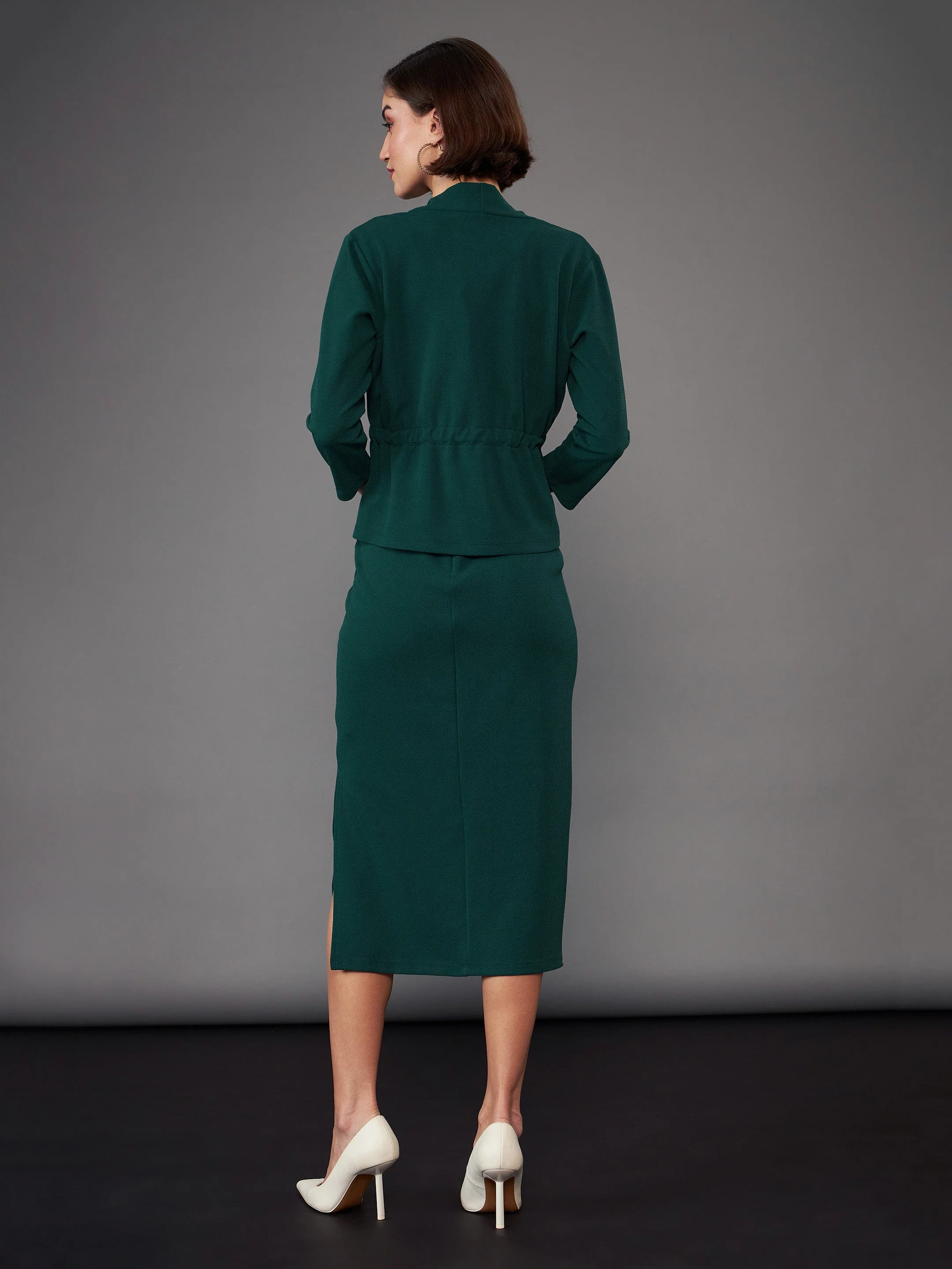 Women Green Strappy Bodycon Dress With Crop Shrug - Image 2