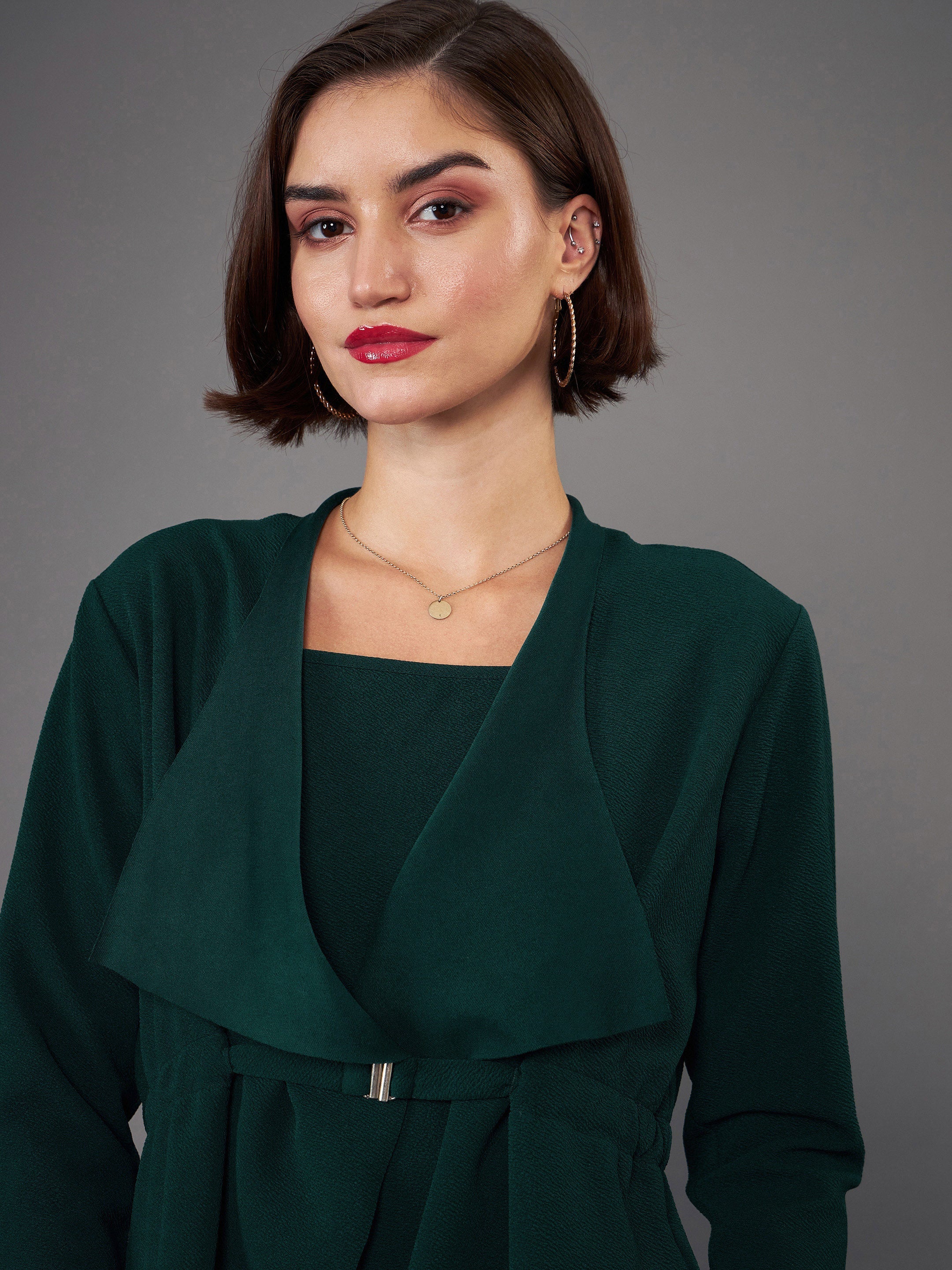 Women Green Strappy Bodycon Dress With Crop Shrug - Image 3