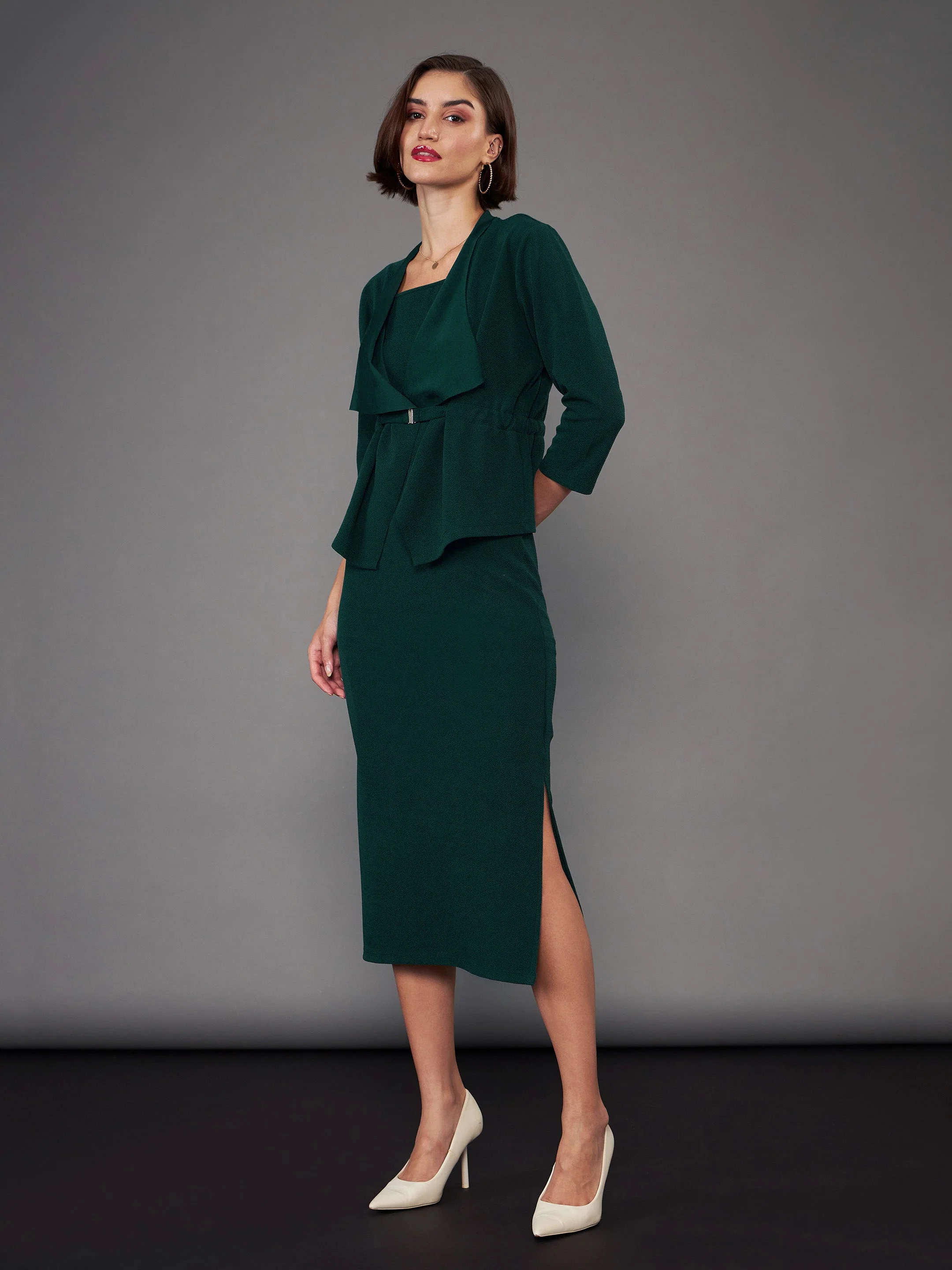 Women Green Strappy Bodycon Dress With Crop Shrug - Image 4