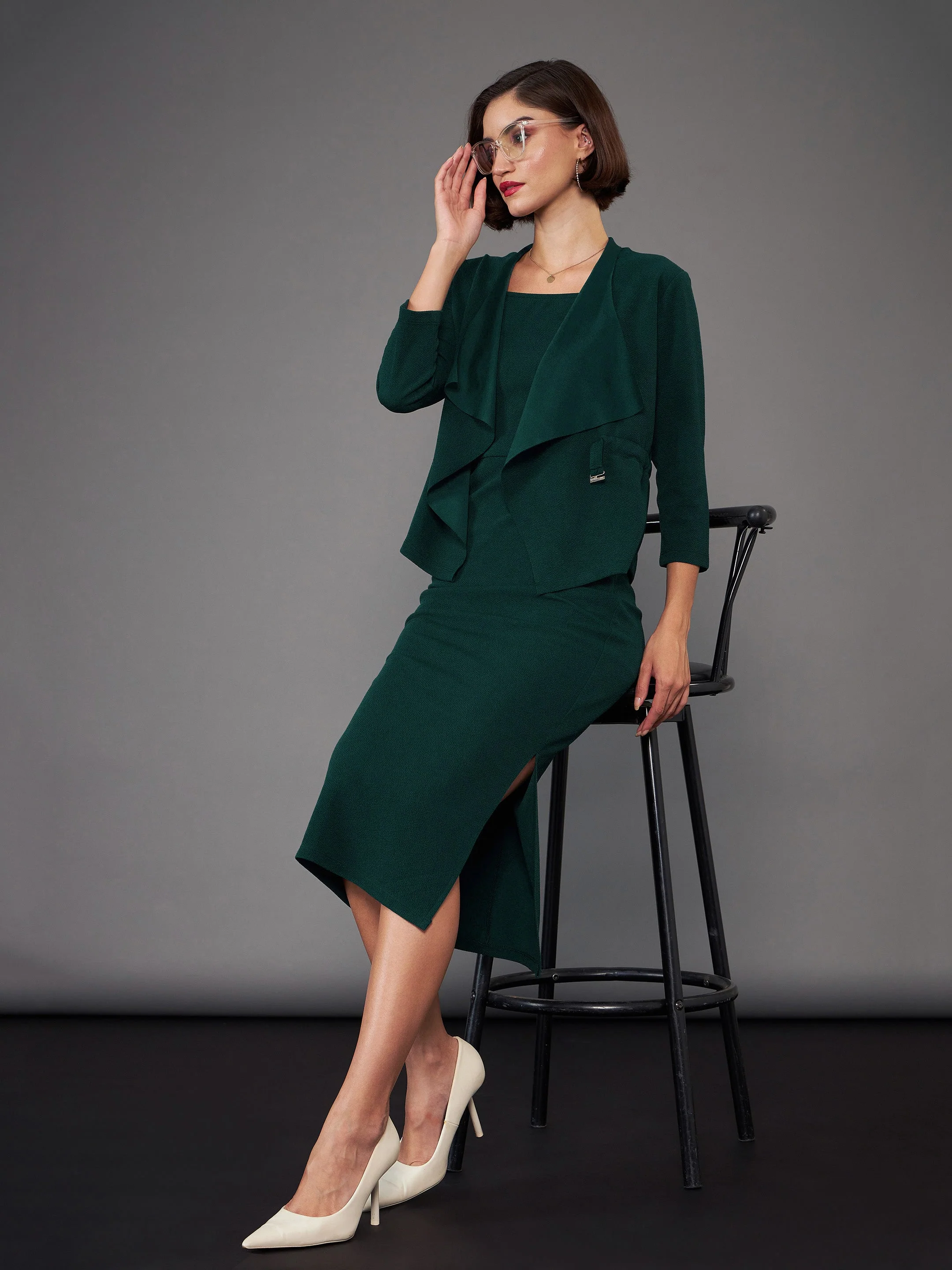 Women Green Strappy Bodycon Dress With Crop Shrug - Image 5