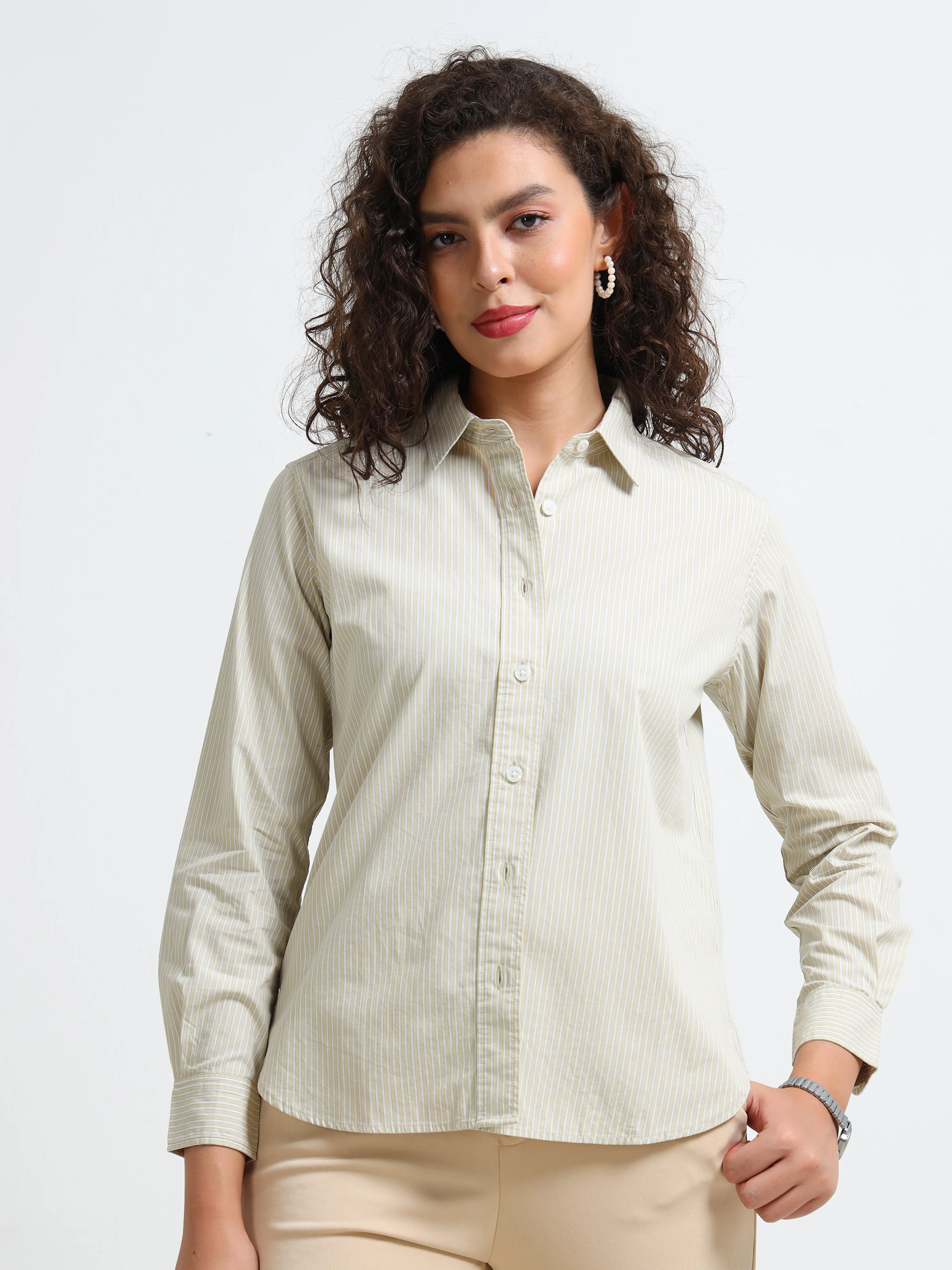 Women Green Stripe Shirt - Image 2