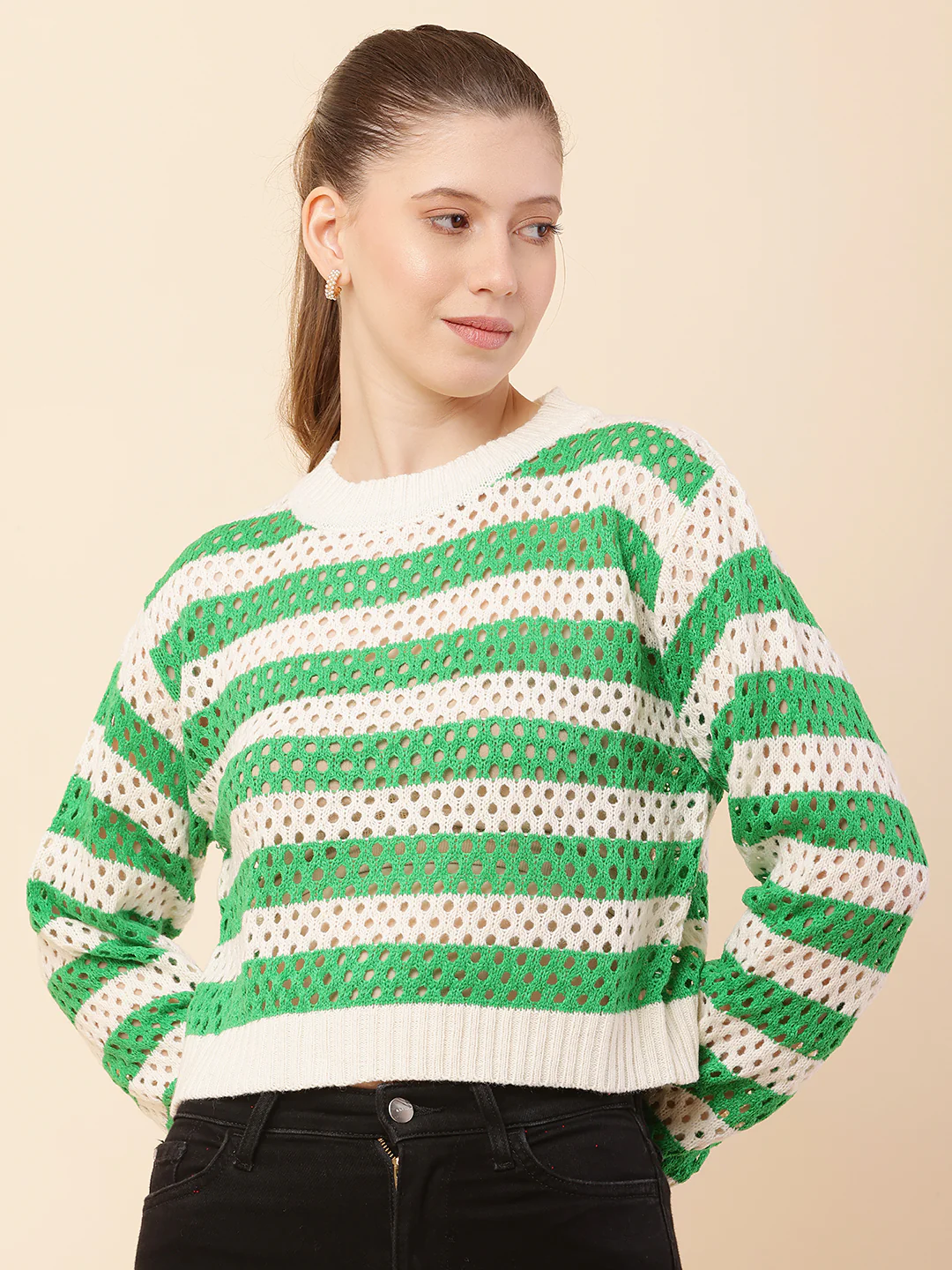 Women Green Striped Crochet Sweater - Image 2