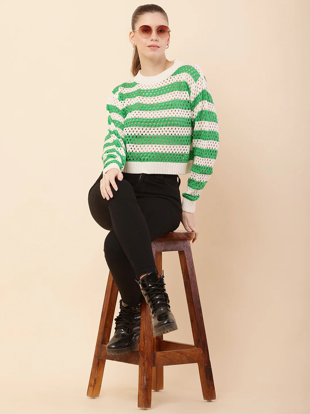 Women Green Striped Crochet Sweater - Image 3