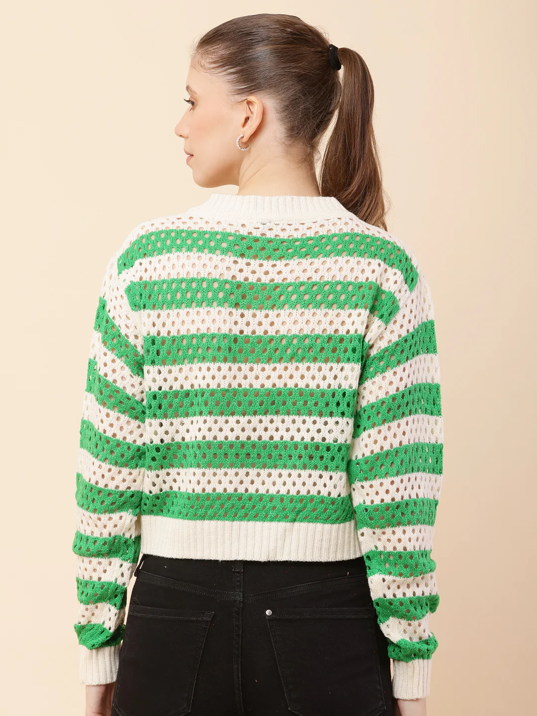 Women Green Striped Crochet Sweater - Image 4