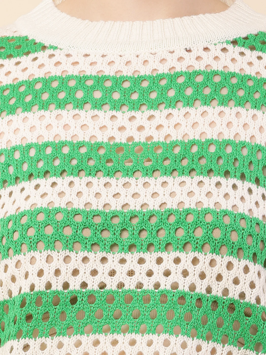 Women Green Striped Crochet Sweater - Image 5
