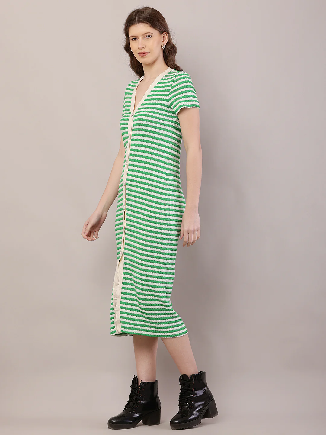 Women Green Striped Fitted Midi Dress - Image 2