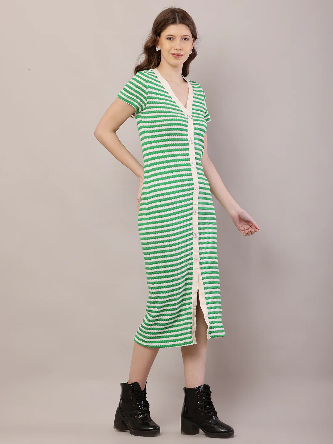 Women Green Striped Fitted Midi Dress - Image 3