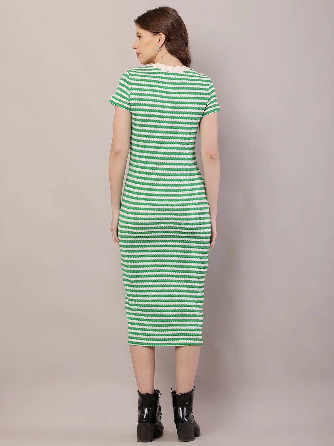 Women Green Striped Fitted Midi Dress - Image 4