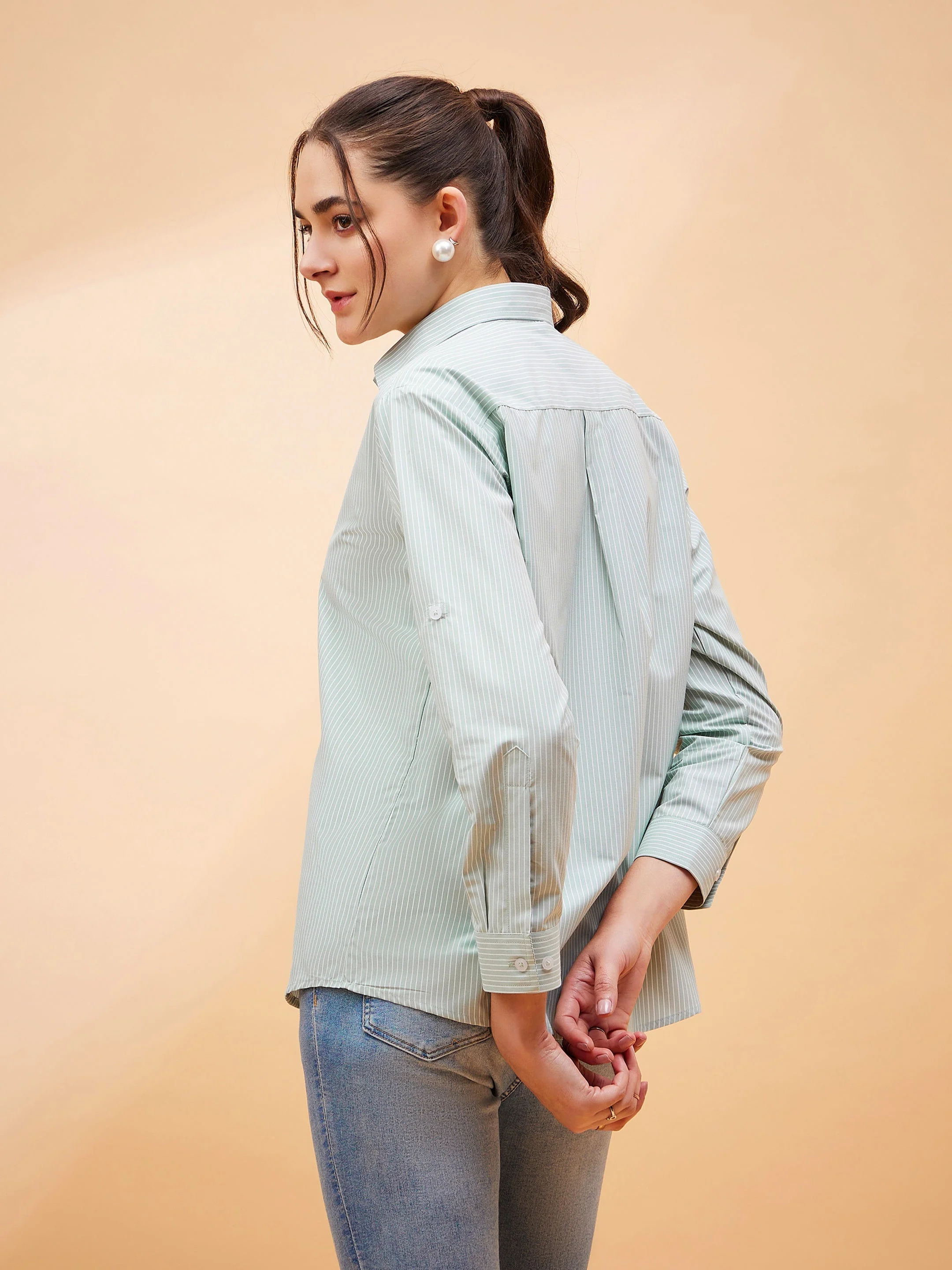 Women Green Striped Oversized Shirt - Image 2