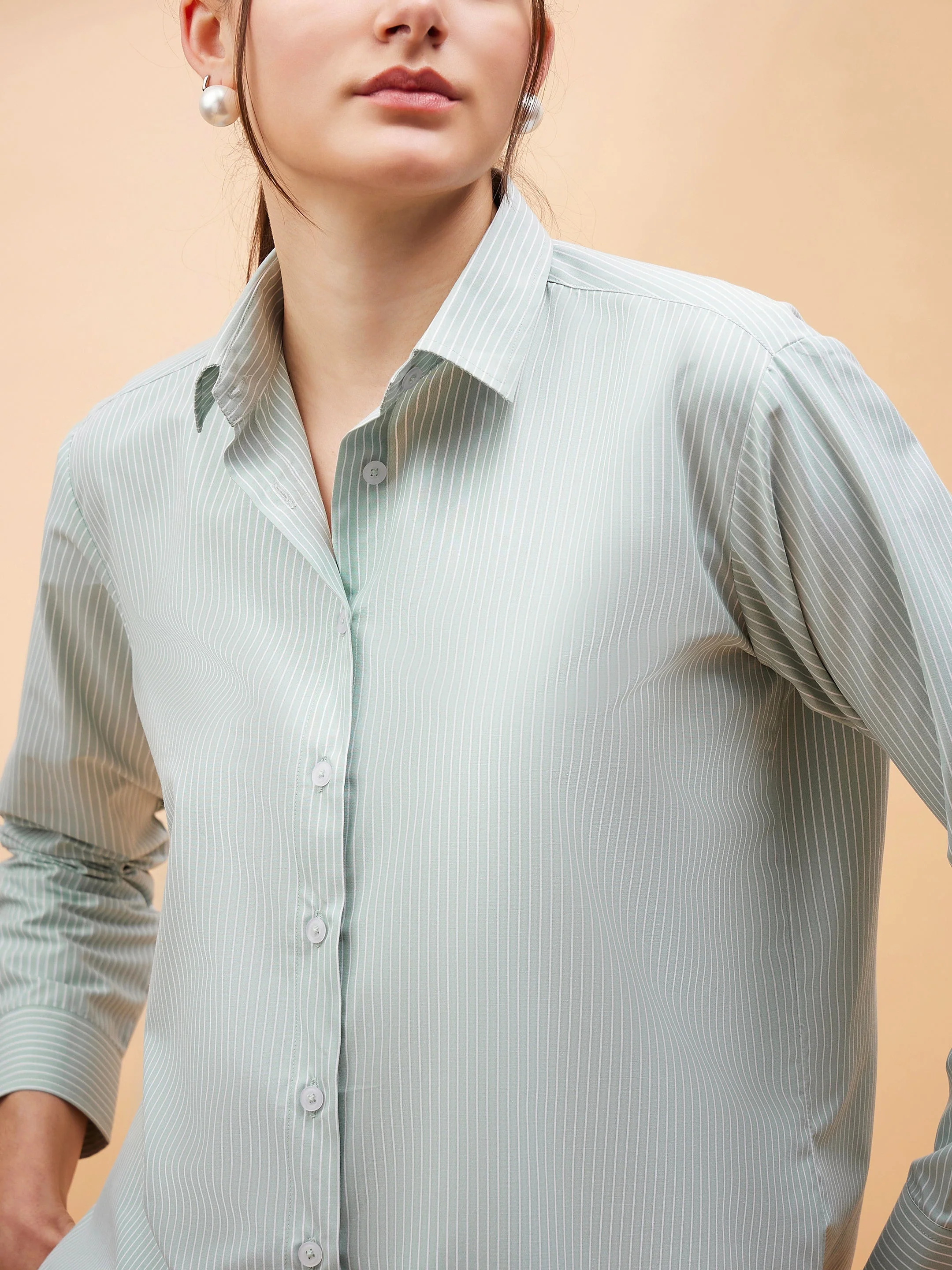 Women Green Striped Oversized Shirt - Image 3