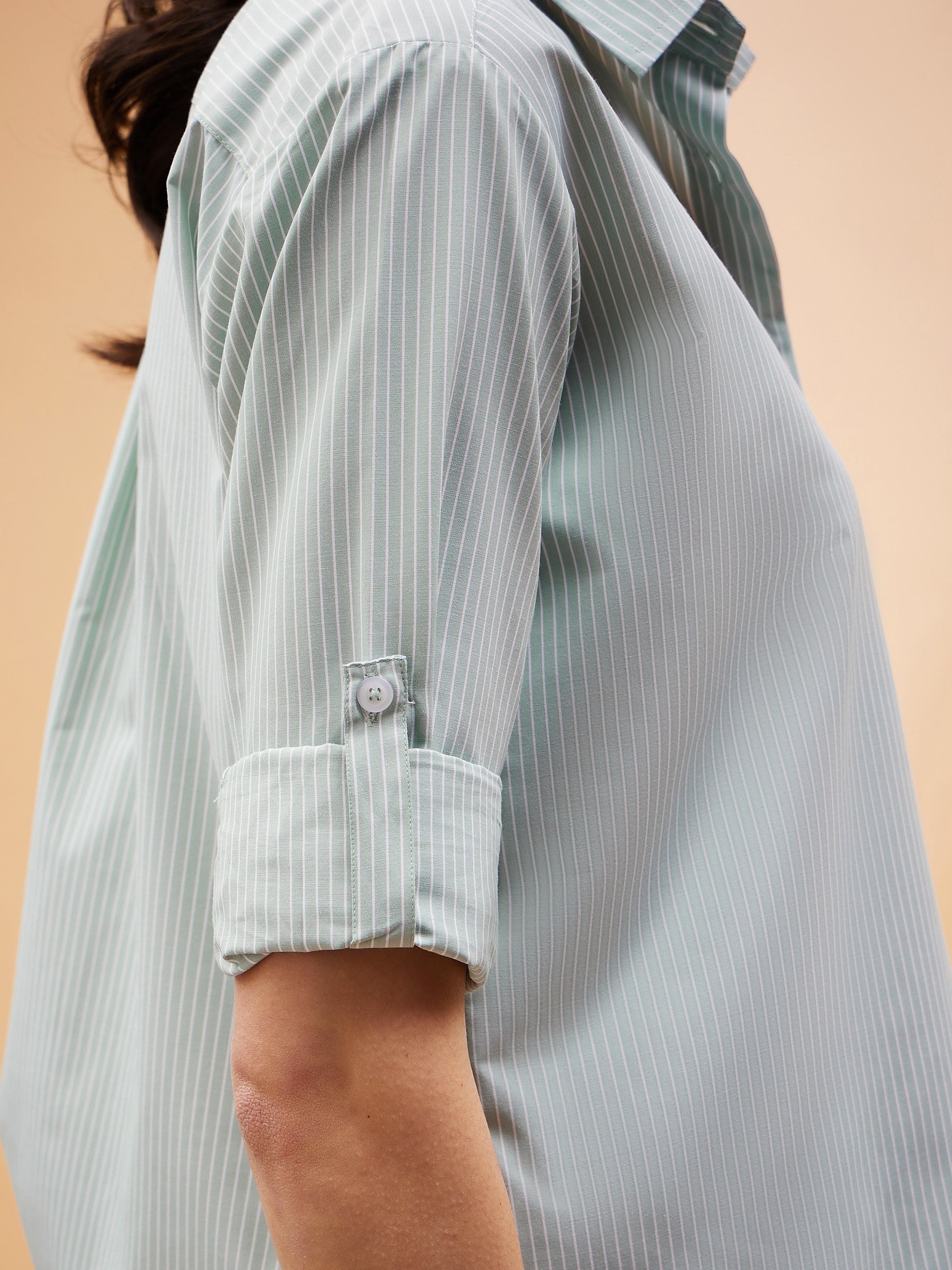 Women Green Striped Oversized Shirt - Image 4