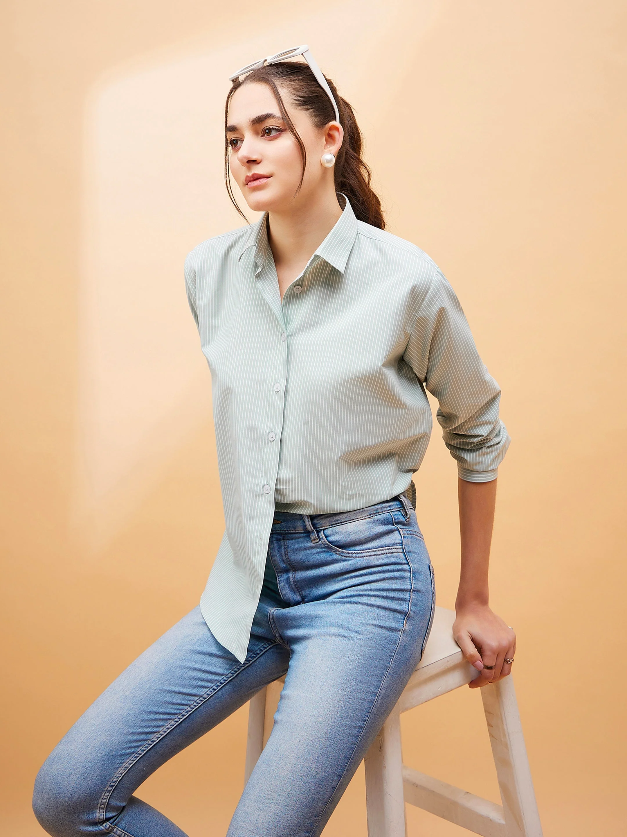 Women Green Striped Oversized Shirt - Image 5