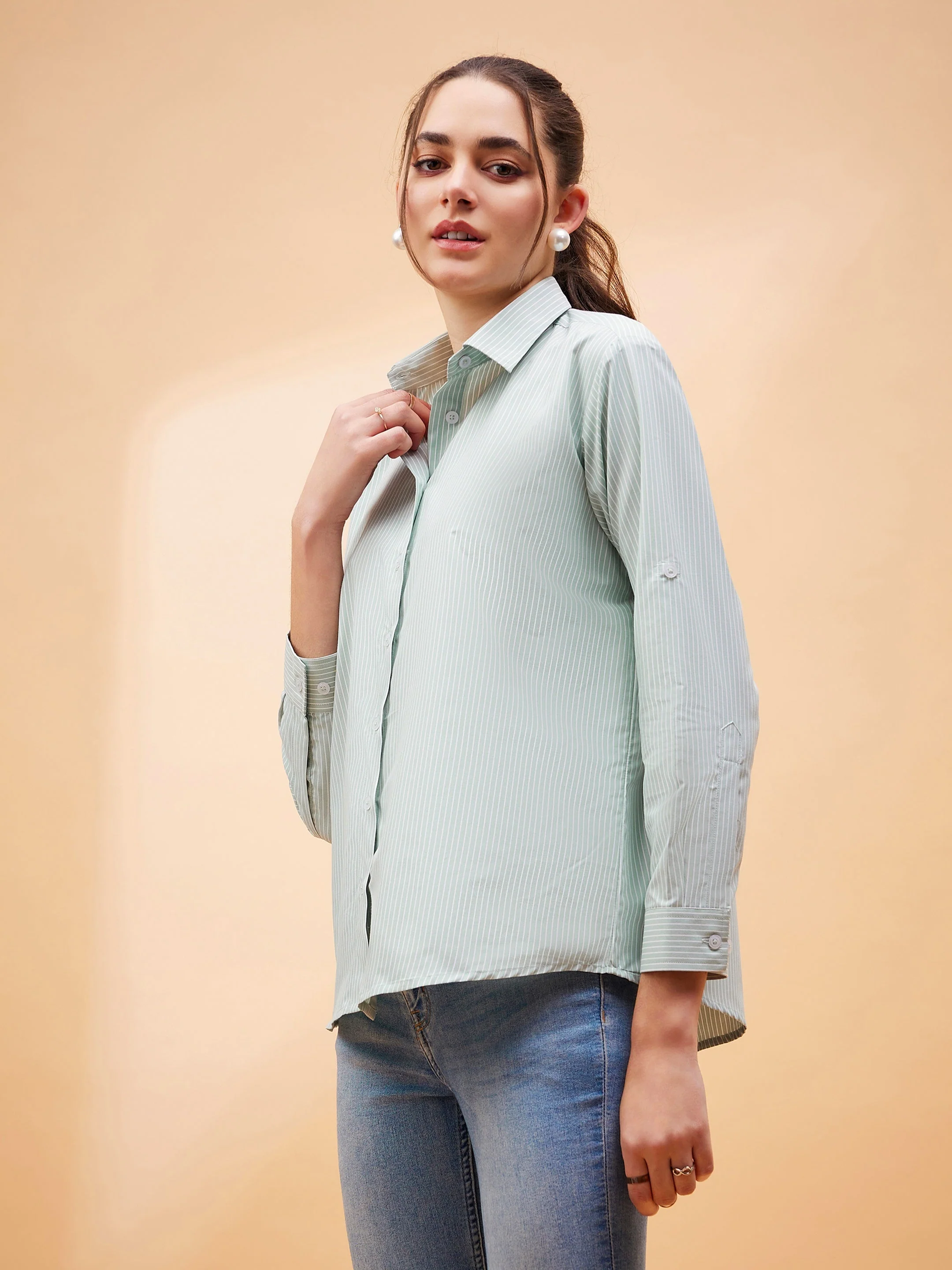 Women Green Striped Oversized Shirt - Image 6