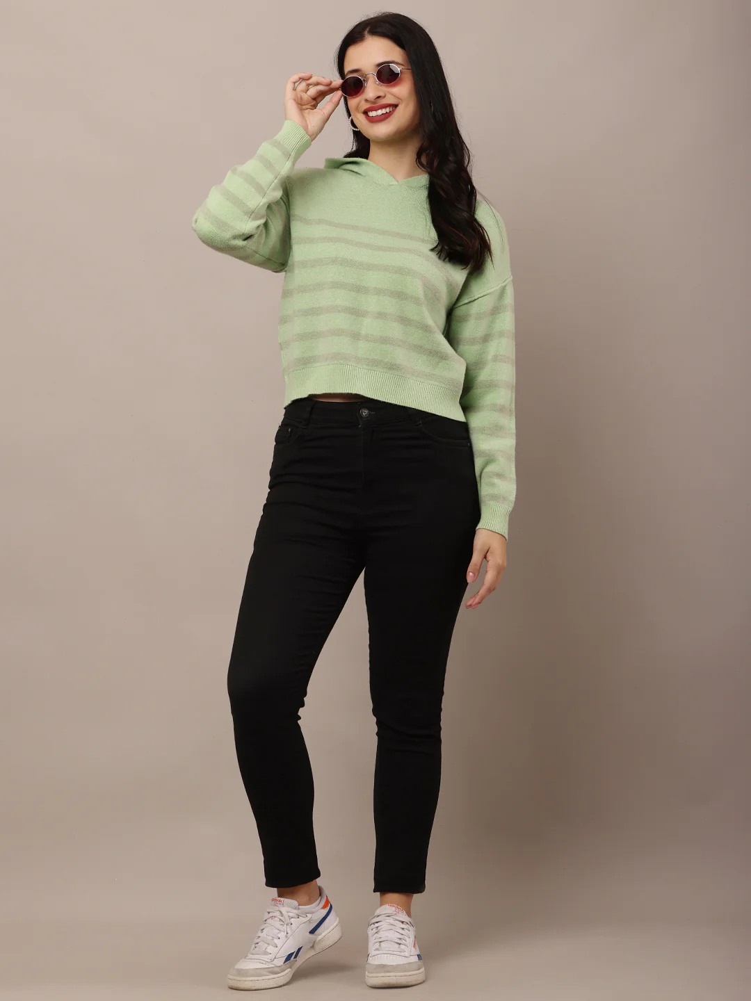 Women Green Striped Sweatshirt - Image 3