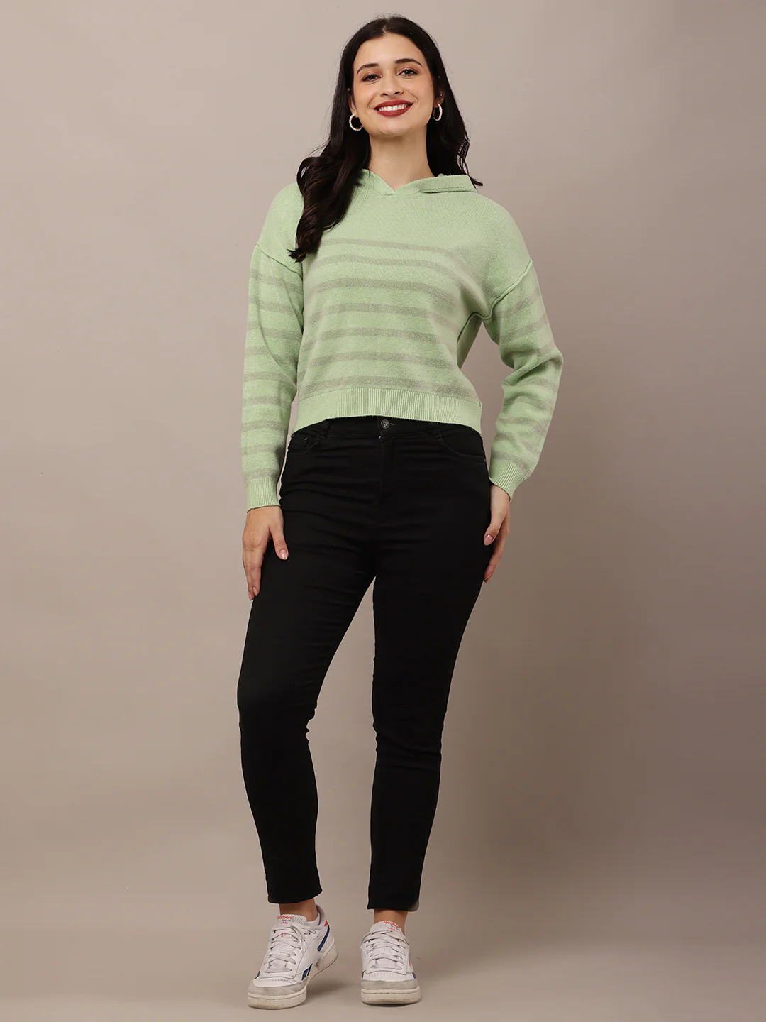 Women Green Striped Sweatshirt - Image 4