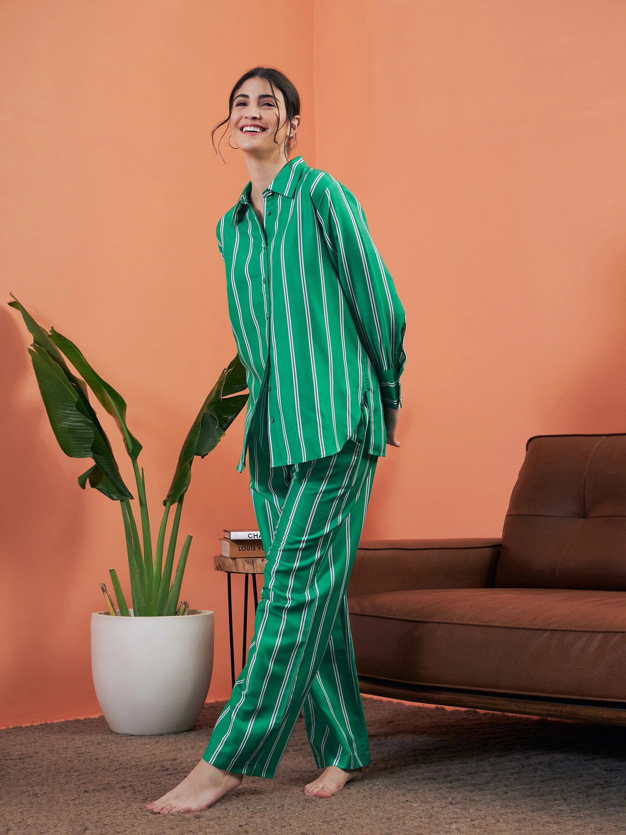 Women Green Stripes Shirt With Lounge Pants - Image 2
