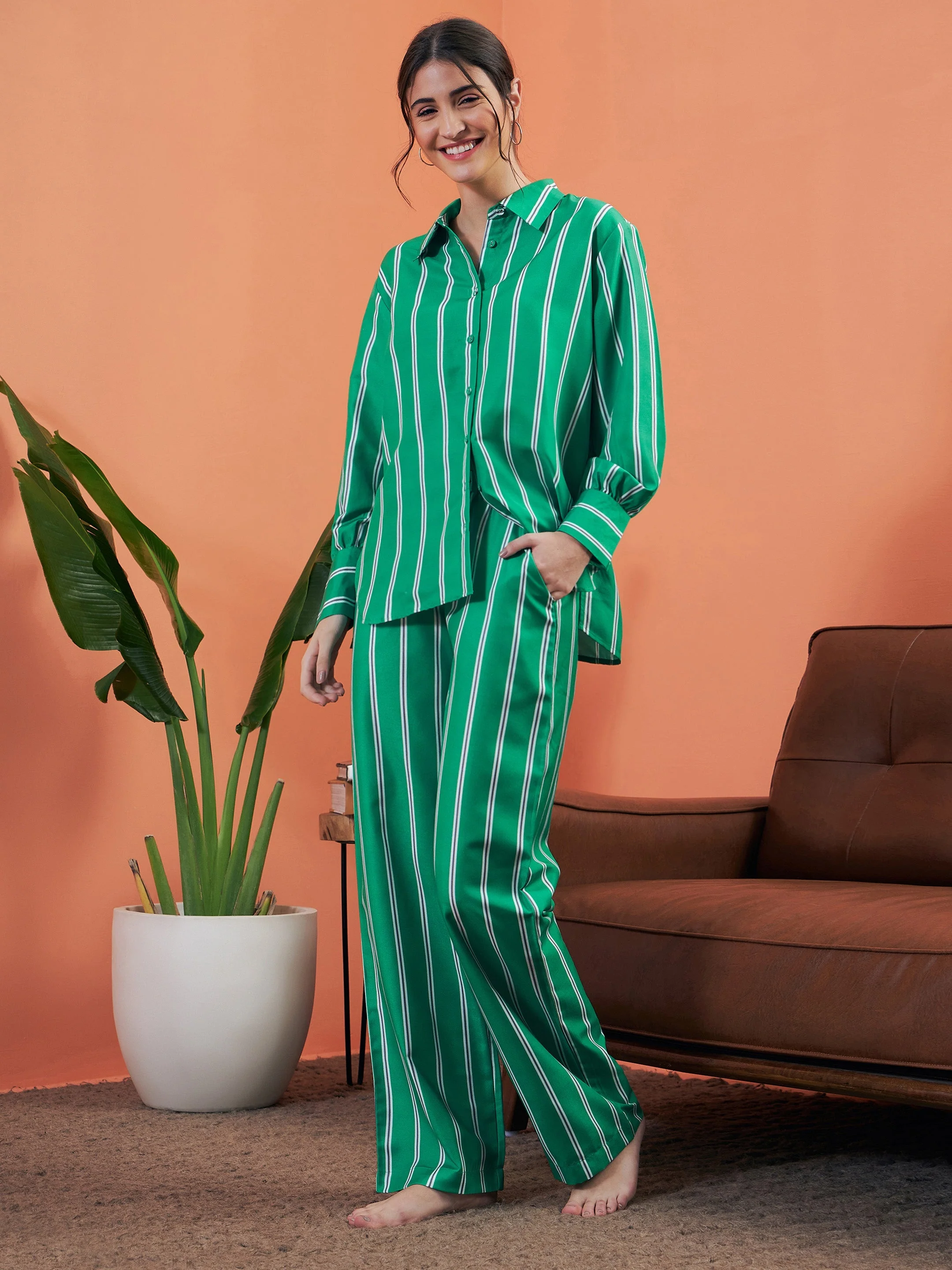 Women Green Stripes Shirt With Lounge Pants - Image 3